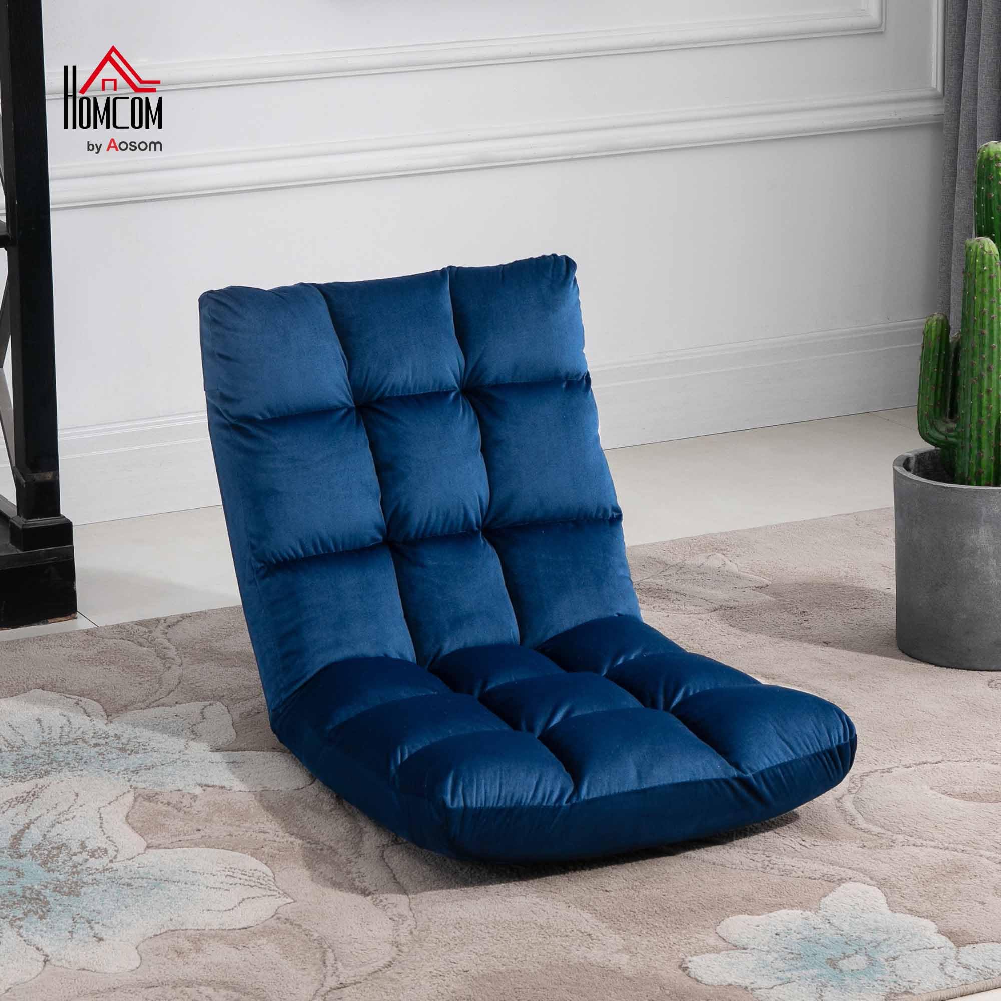 HOMCOM Poltrona da Terra Reclinabile 180° in Velluto, 55x71x53.5cm Blu | Sedia da Pavimento, Imbottitura Spessa, Camera da Letto, Ufficio, Soggiorno