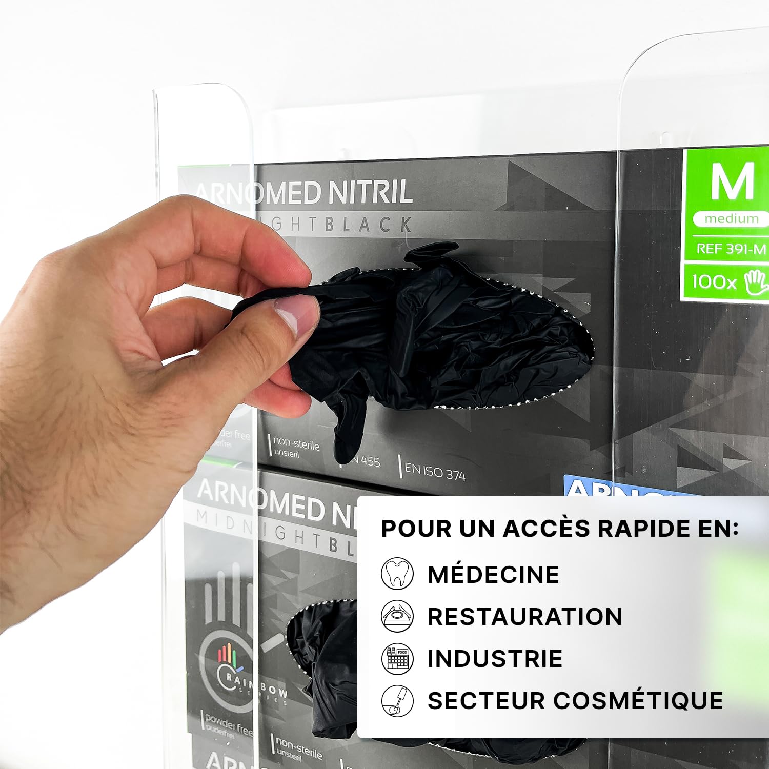 ARNOMED Support gant pour gants jetables, 3x support de gants jetables pour 3 boîtes, support mural pour gants jetables, distributeur de gants transparent en acrylique en 24,6x8,1x41 cm