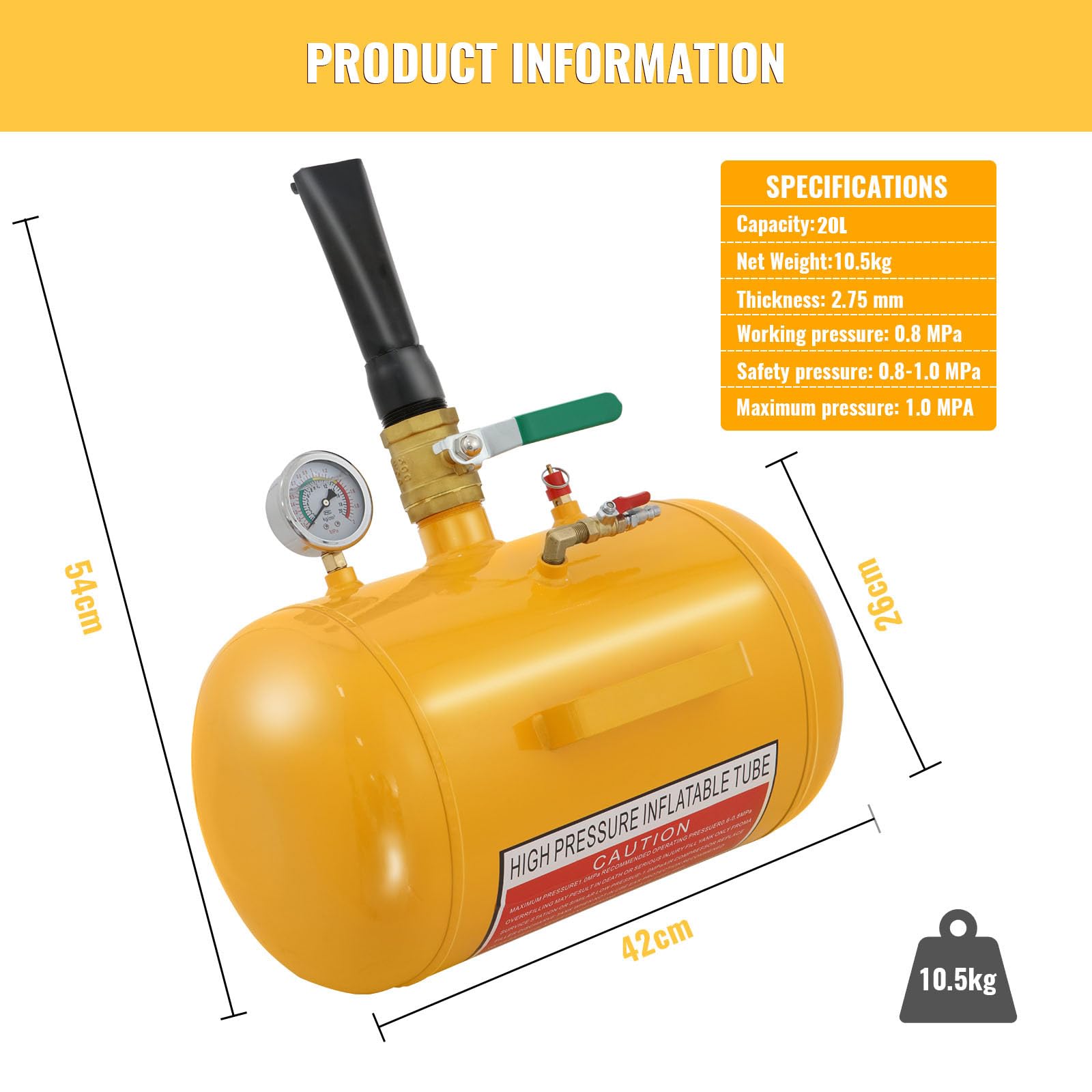 VELPAX 20L Reifenfüller Reifen Booster, Reifen Schockfüller Airbooster Reifen Befüllhilfe für LKW Auto PKW, Stahl Luftkanone, 8 Bar
