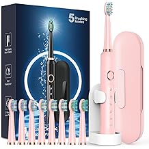 Rtauys M5 Sonic Electric Toothbrush for Adults and Kids - Rechargeable Electric Toothbrush Kids Ages 12+ and Adults with 8 Brush Heads &amp; Travel Case, 120 Days Battery Life - Pink