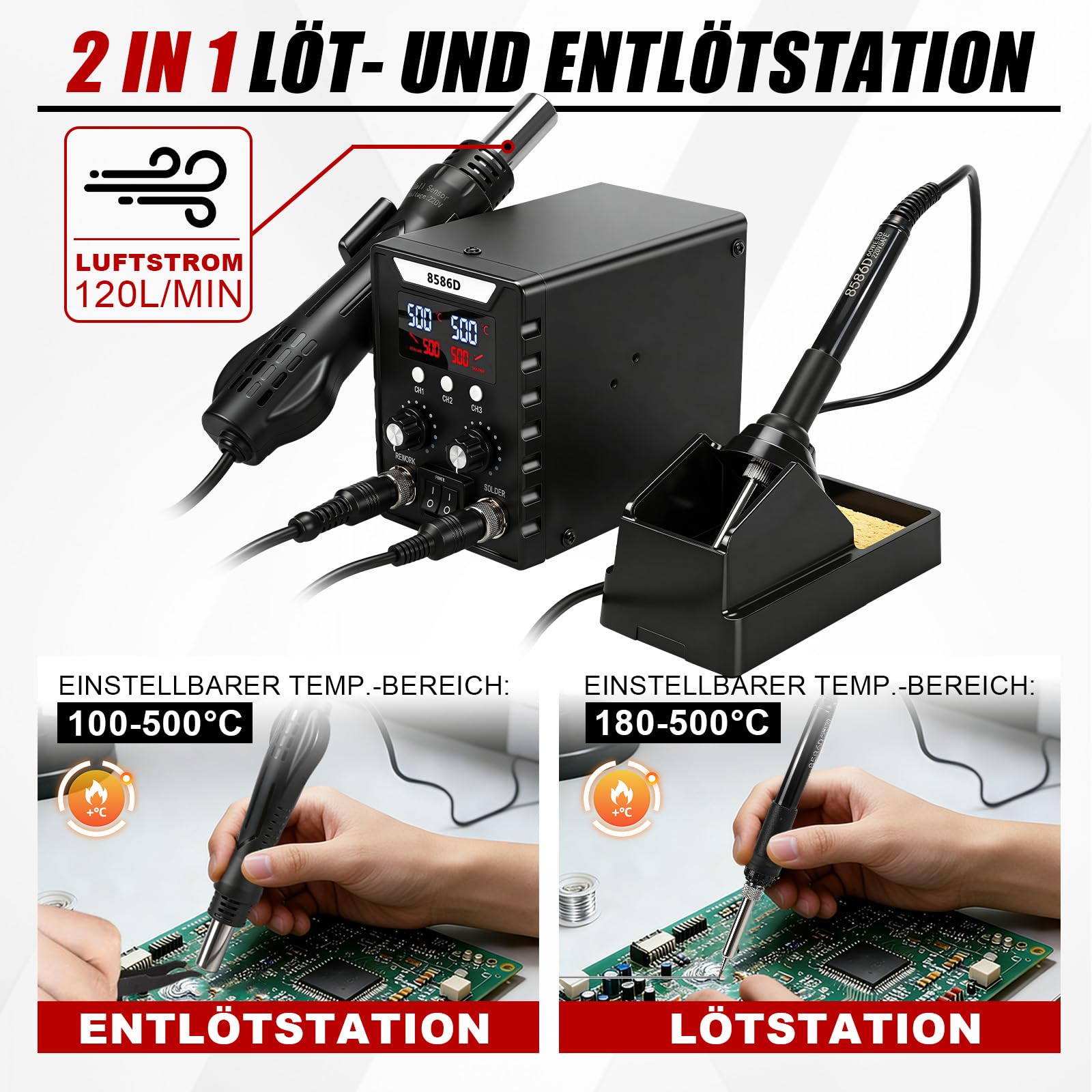 Kit de estación de soldadura de aire caliente 2 en 1, 180 – 500 °C, pantalla digital 8586D, con pistola de calor de 700 W + soldador de 60 W, múltiples puntas, herramienta de desoldadura para soldar y