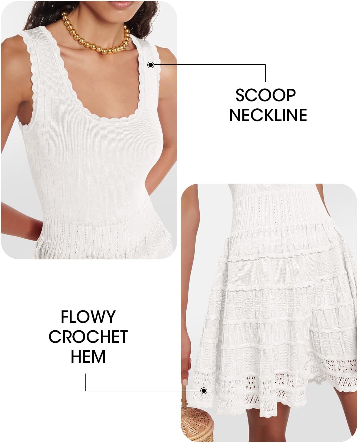 Wenrine Women's Summer Mini Dresses Sleeveless Knitted Crew Neck Casual Crochet Hem Slim Cute Tank Dress - Image 4