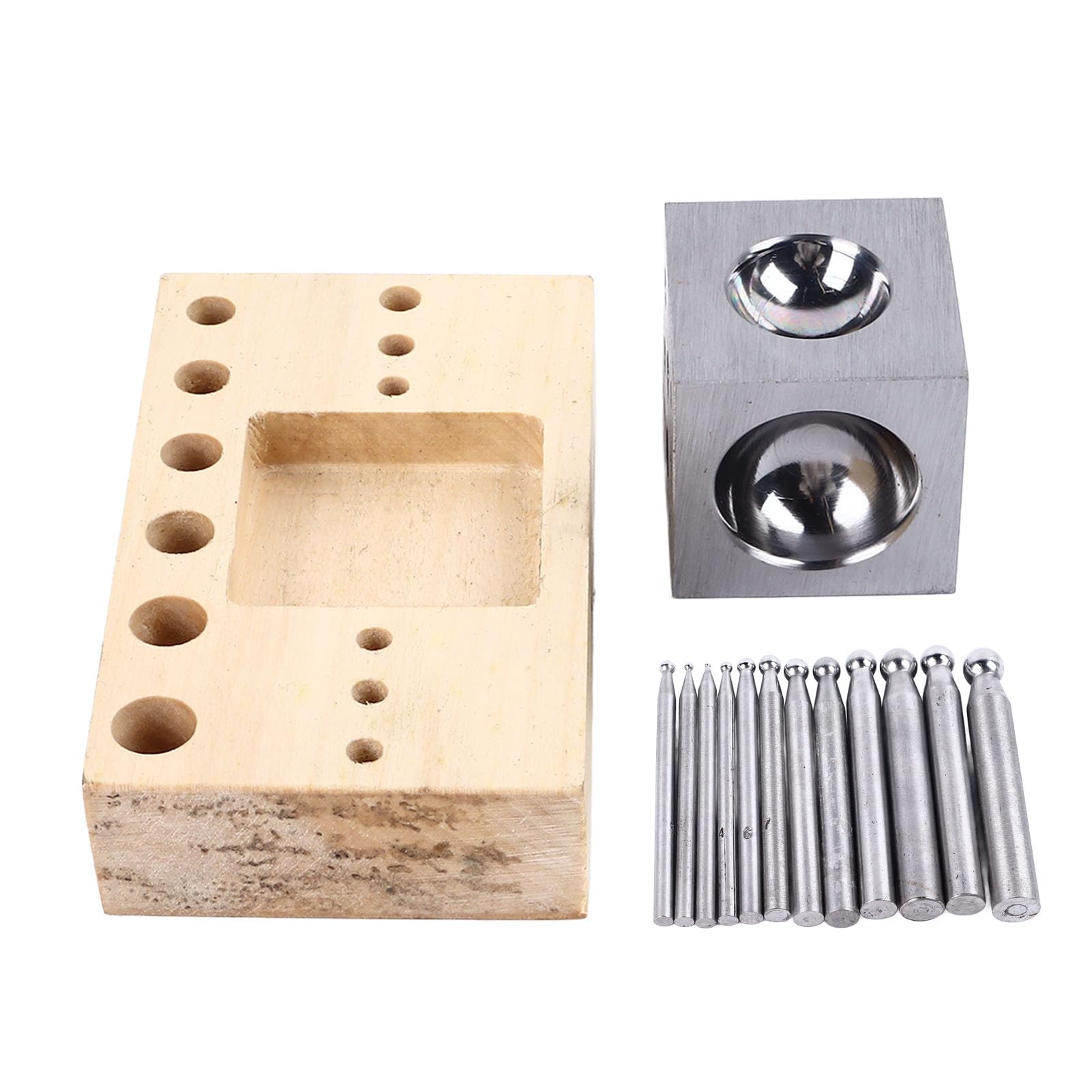 Luqeeg 14 Piece Dapping Block Set for Jewelry Making, 12 Holes Stainless Steel Dapping Doming Punch Block Set Metal Forming Tool Kit with Wooden Base for Shaping Doming Tools
