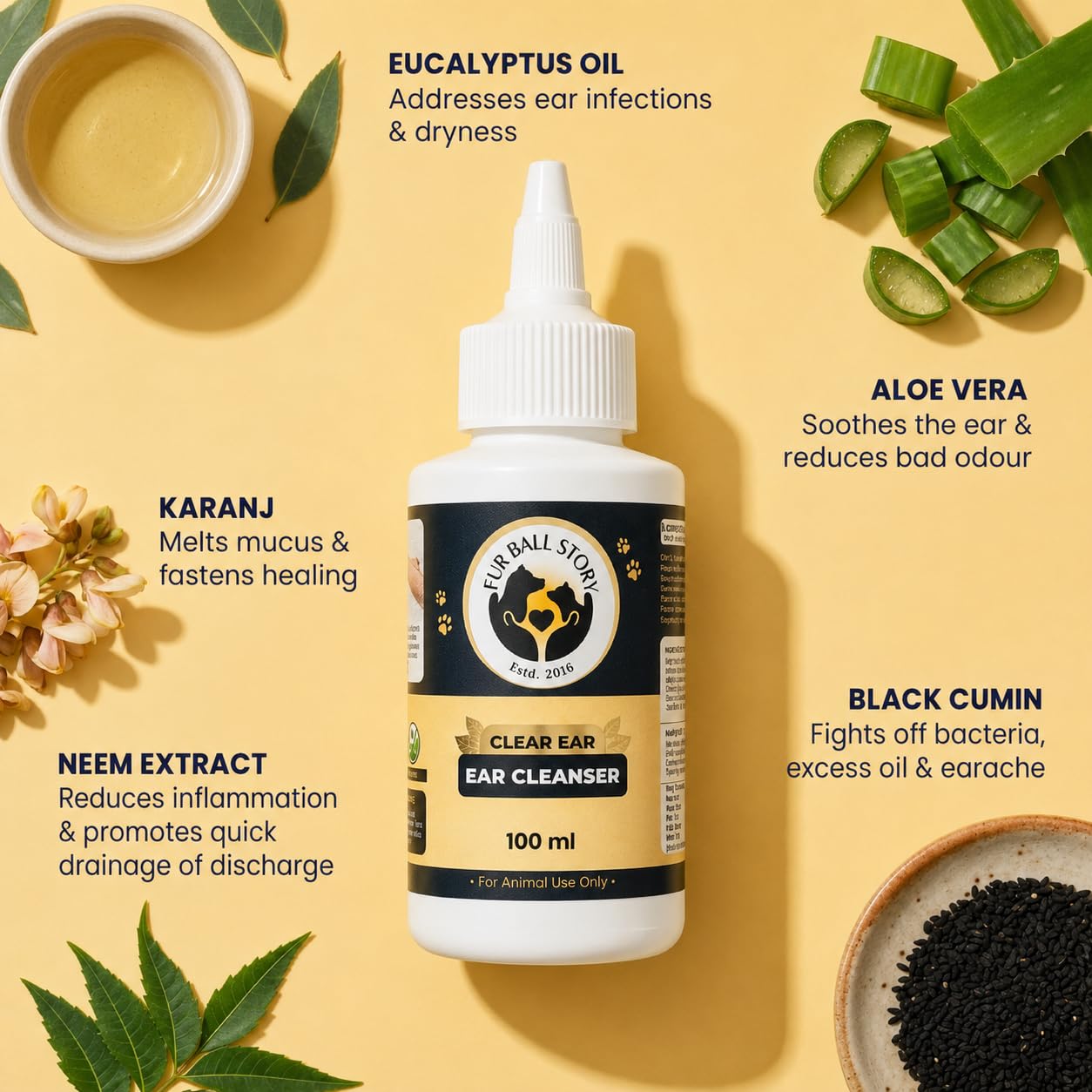 Fur Ball Story Clear Ear Solution for Dogs & Cats 100 ml | Softens & Easily Cleans Earwax | Prevents Bad Odour, Infection, Earache, Dryness | Vet Recommended, Licensed, Ayurvedic 3