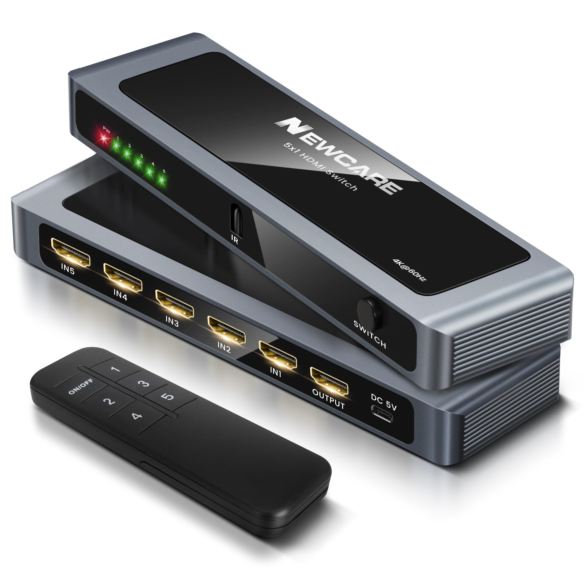 NEWCARE HDMI Switch, Aluminum HDMI Switcher Selector with Remote-5x1 4k@60Hz with Remote