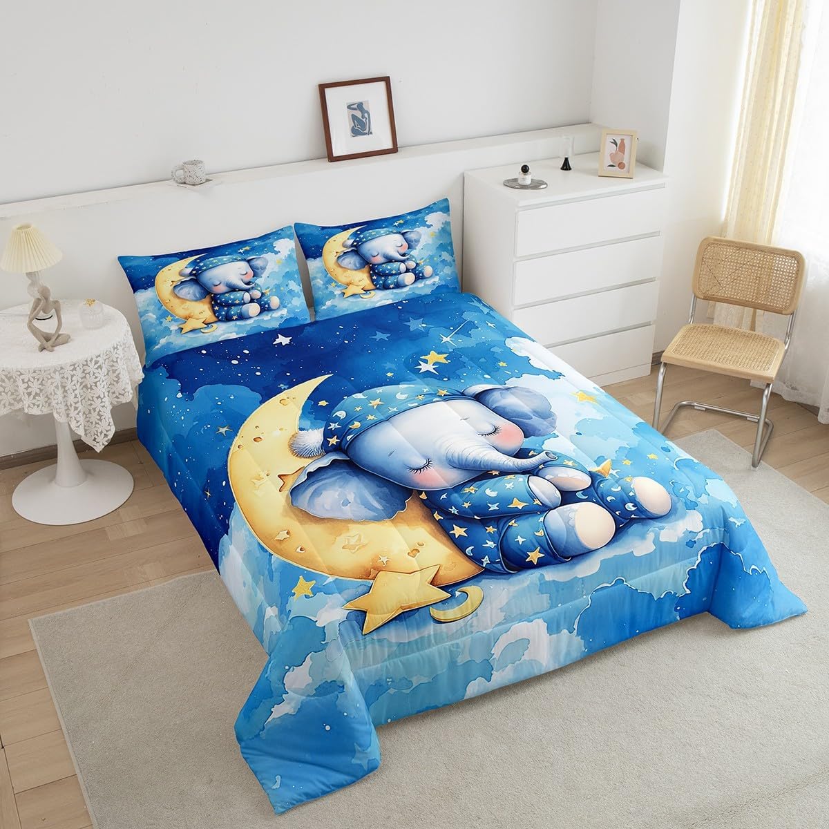 Cartoon Elephant Boys Girls Comforter Set,Tie Dyed Clouds Moon Blue Duvet Set for Room Decor,Cute Animal Brushed Microfiber Soft Quilt Cover,Full