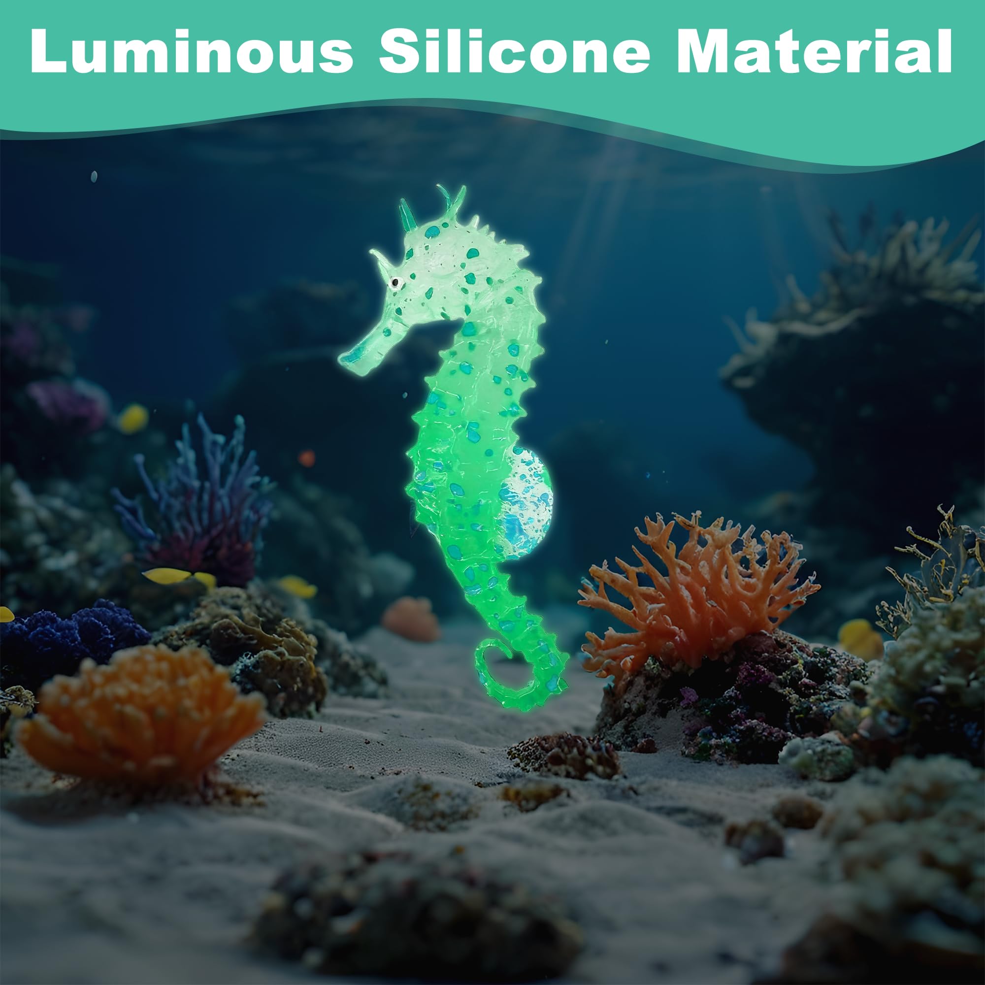 ZAYIO Artificial Silicone Seahorse Aquarium Ornament, Luminous Night Glow Seahorse with Suction Cup - Image 4
