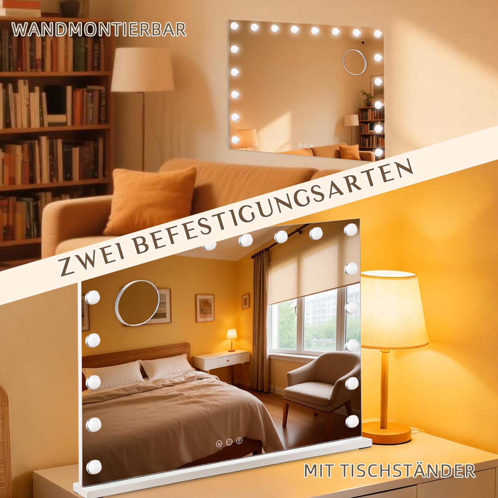 Lusterko do makijażu z oświetleniem, 80 x 60 cm, lusterko kosmetyczne z 18 diodami LED do makijażu, lustro Hollywood Vanity Mirror Touch, sterowanie 3 kolorami światła, USB, w zestawie 10
