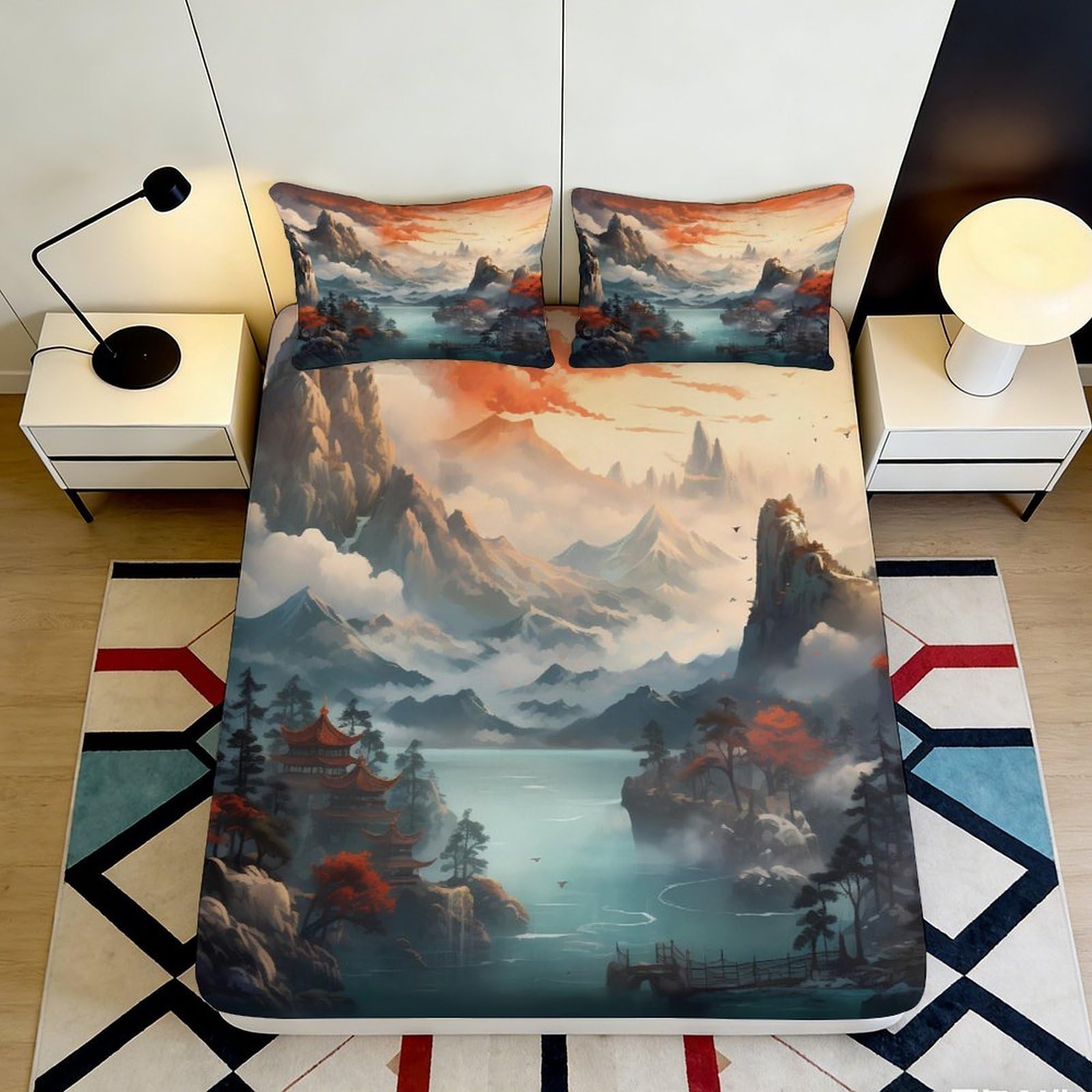 3D Printed Mountain Landscape Fitted Sheet Microfiber Soft Breathable Scenic Lake Bed Cover for Bedroom Dormitory Guest Room Mattress Protection Decor 180x200x25cm