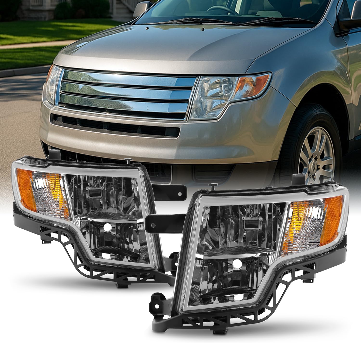 AKKON - Fit 2007 2008 2009 2010 Ford Edge 07-10 Halogen Type Driver Passenger Headlight OE Style Chrome Housing Direct Replacement Headlamp