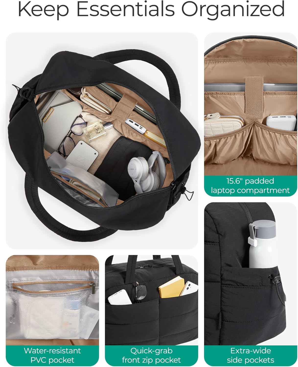 BAGSMART Gym Bag for Women, Lightweight Puffer Duffle Bag 2-PC Travel Bag, 31L Weekender Overnight Bag Quilted Carry On Tote Bag, Diaper Hospital Dance bag for Travel, Gym, Water Resistant, Black - Image 3