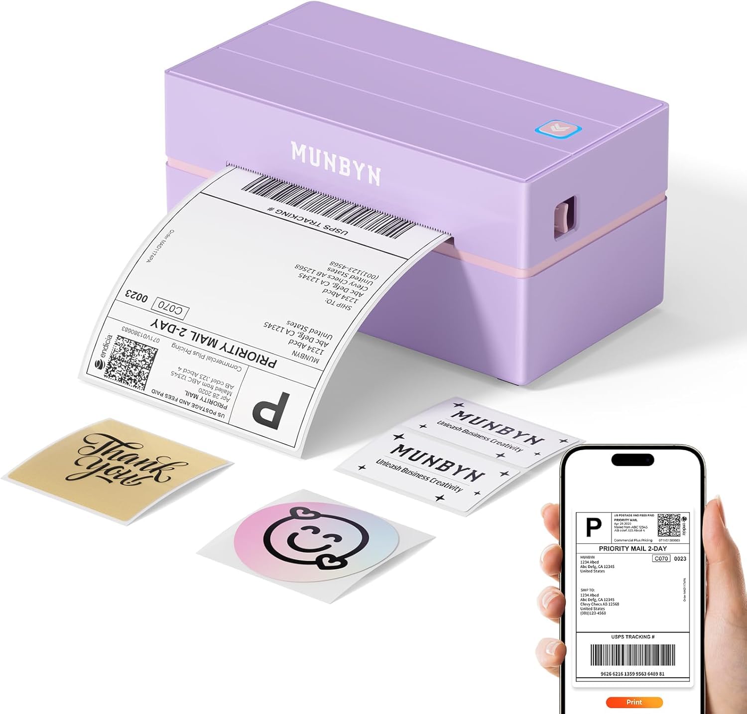 MUNBYN Shipping Label Printer Bluetooth, Postage Thermal Label Printer 4x6 for Business, Compatible with Etsy, Shopify, Amazon, Royal Mail, DHL, DPD, Evri, with 25 Labels, 130B, Purple - Purple