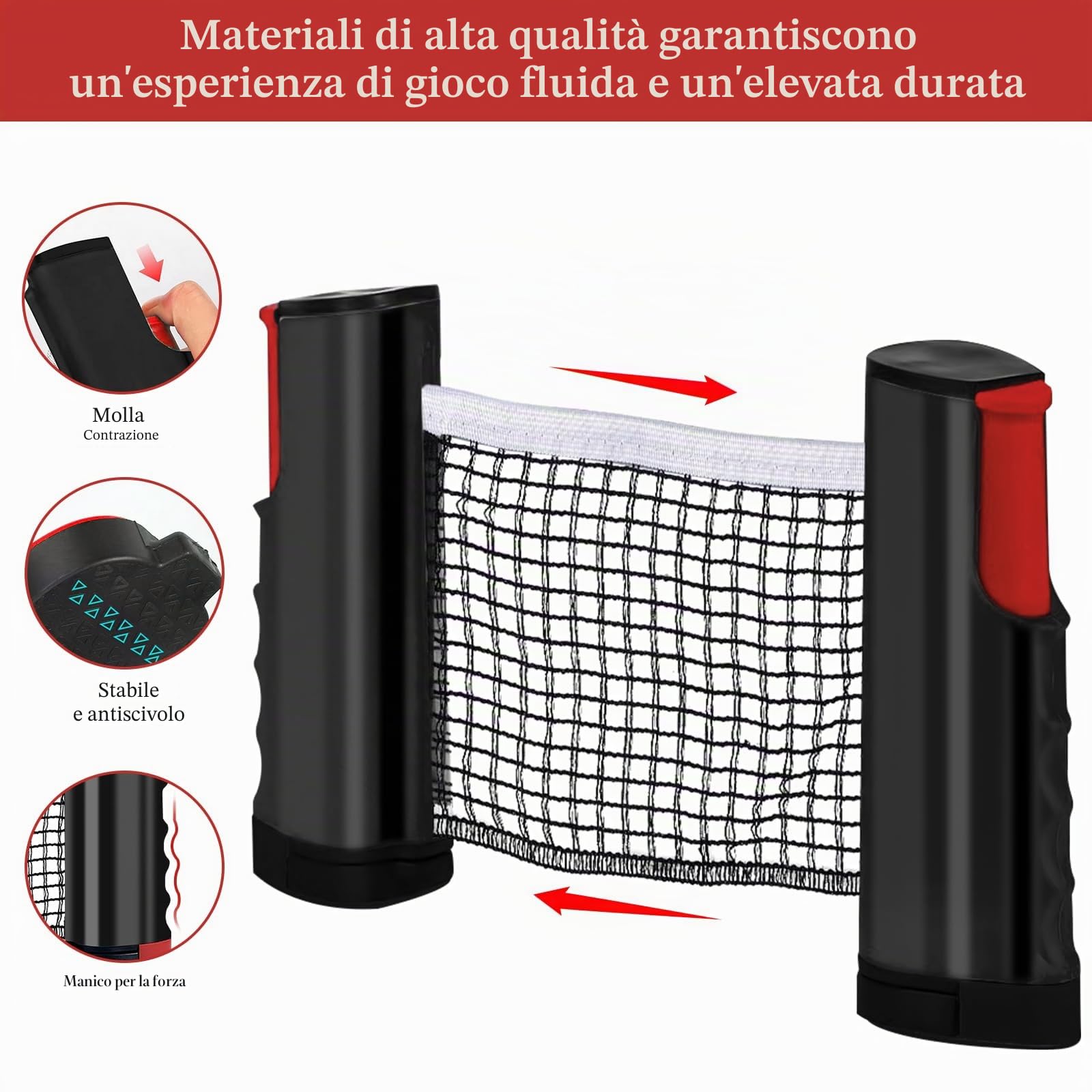 Set racchette da ping pong professionale: 2 racchette + rete retrattile + 6 palline + 1 borsa + 1 scatola, set professionale