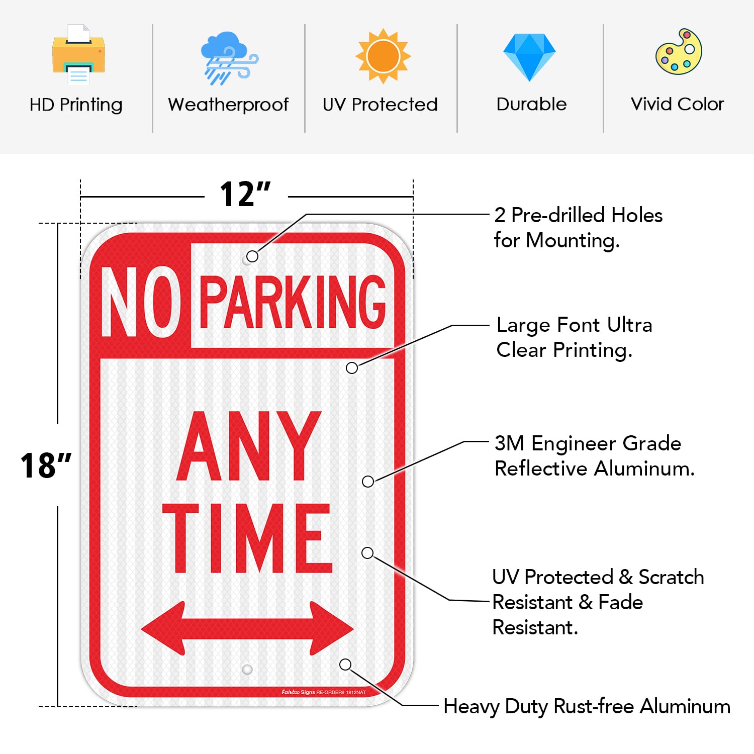 Faittoo Large No Parking Anytime Signs, 45 x 30 cm Engineer Grade Reflective Sheeting, Rust Free Aluminum (Red, 1 Pack - Image 2