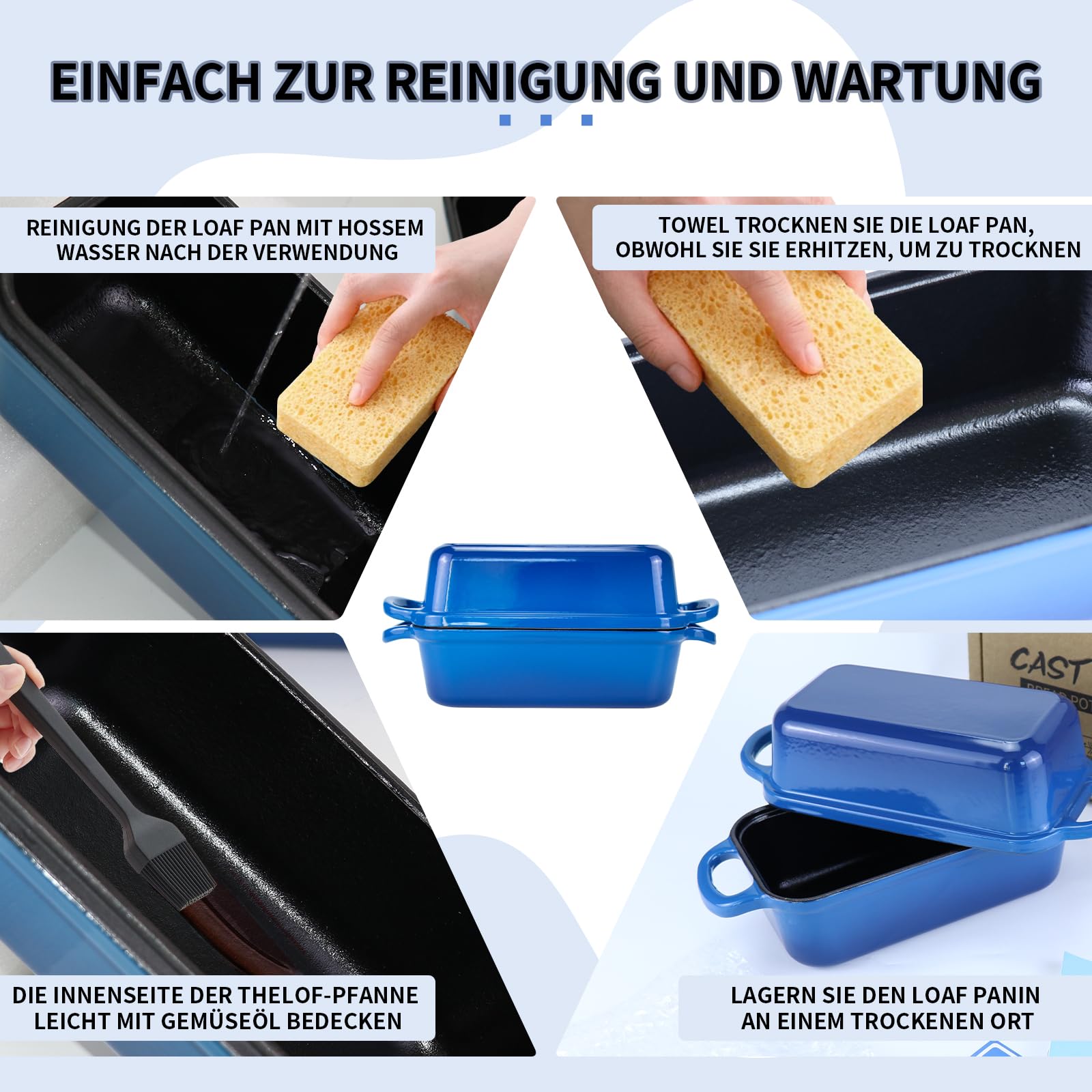 An & Guo Gusseisen Brotbackform mit Deckel, 22,96 × 12,78 cm, schwerlastig & langlebig, für selbstgebackenes Brot, backofengeeignet – 2er Set - Kastenform für Sauerteigbrot (MeeresBlau)