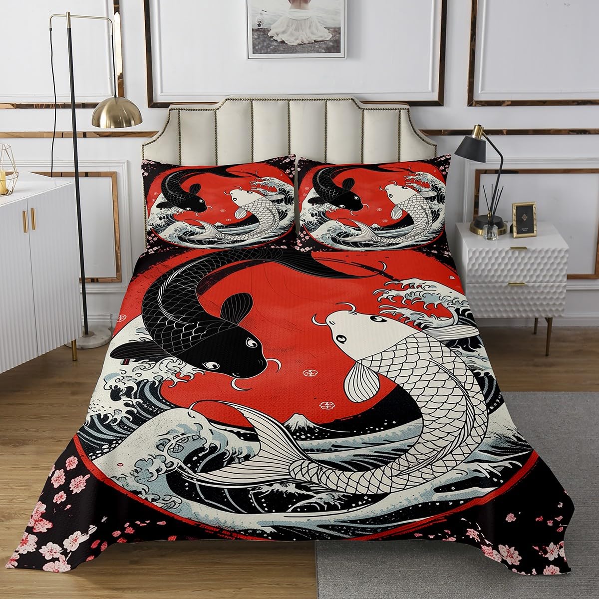 Erosebridal Japanese Ukiyoe Koi Fish Bedspread Set Twin,Ocean Surfing Quilt Set for Kids Boys Girls Gossip Koi Fish Cherry Blossom Coverlet Set Exotic Koi Animal Sakura Floral Bedding Set