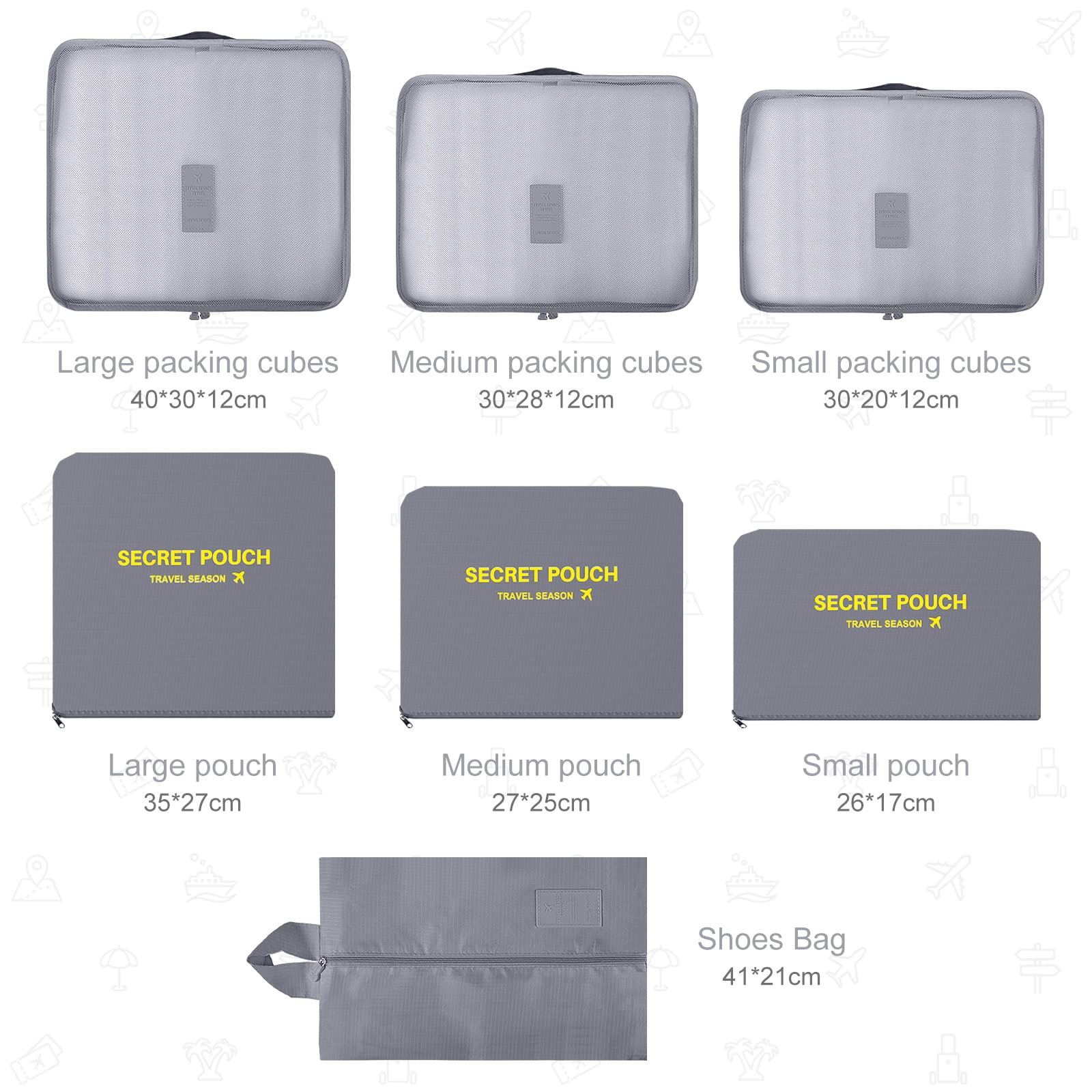 Set Di 7 Packing Cubes Per Valigia - Organizer Da Viaggio Impermeabile Grigio - Foto 14