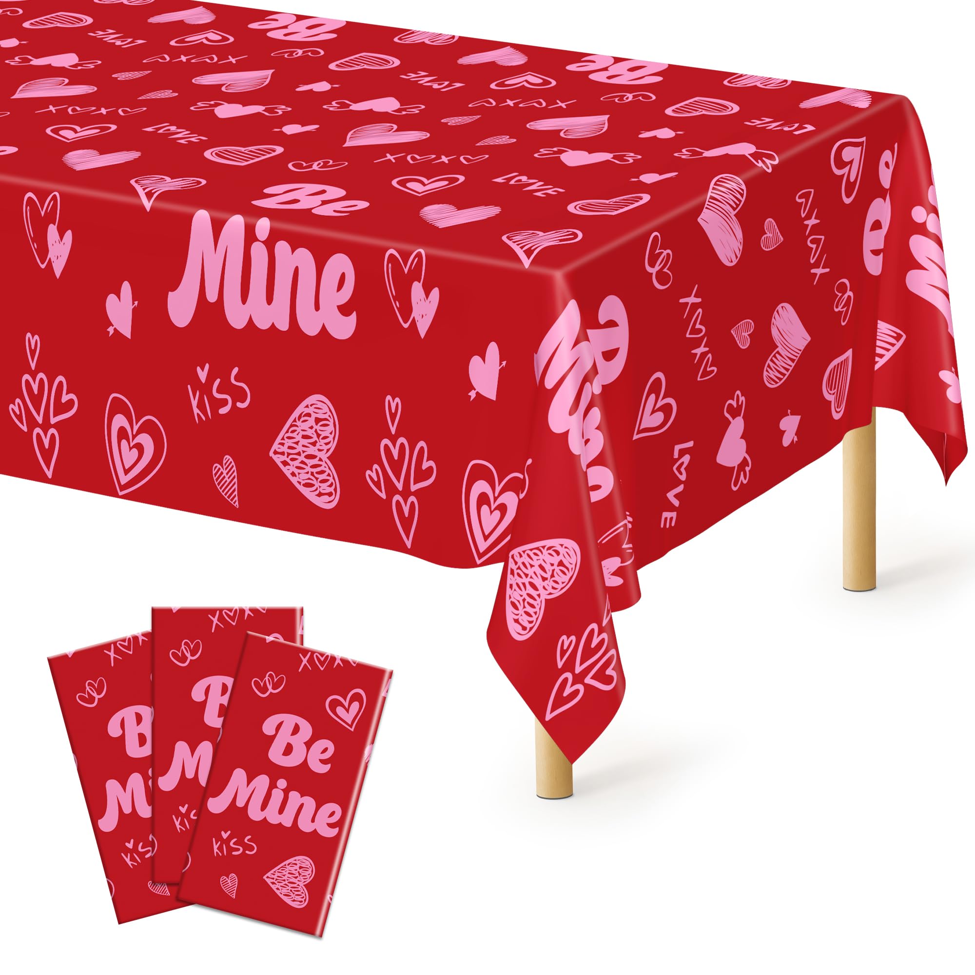 QZYL 3 Pcs Valentines Decorations, 108 X 54 Plastic Valentines Tablecloth, Disposable Love Tablecloth, Pink Table Cloth Rectangle Valentine's Party Favors, Heart Table Cover for Love Wedding Party