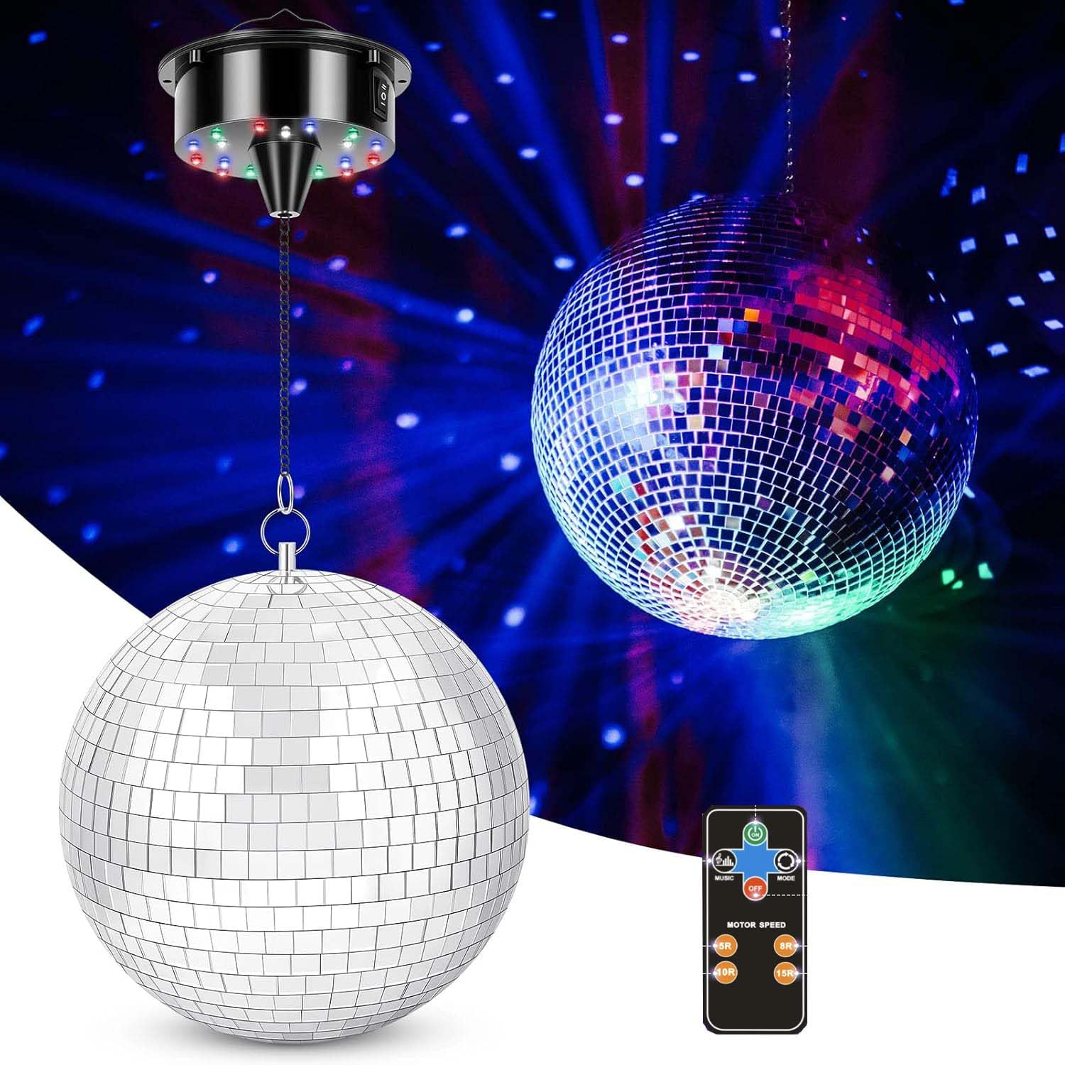 Bola de discoteca con motor giratorio, bola de discoteca de 20 cm para fiestas, motor giratorio LED, bola de espejo, bola de discoteca, juego de bolas de espejo profesional, luces LED para decoración