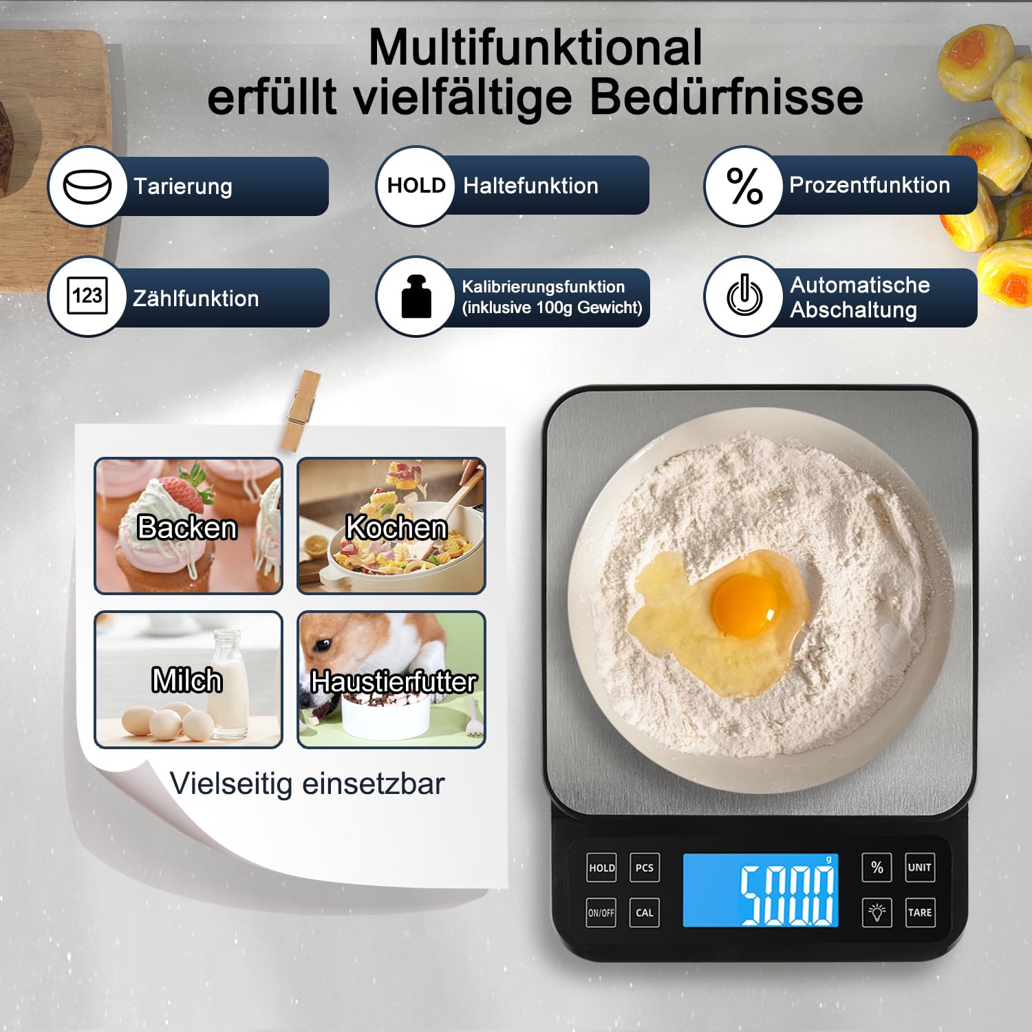 BOMATA 0.1g/5kg Große Digitale Küchenwaage, Hochpräzise Bäckereiwaage mit% Prozentfunktion. USB aufladbar, Wiegeplatte aus rostfreiem Stahl.