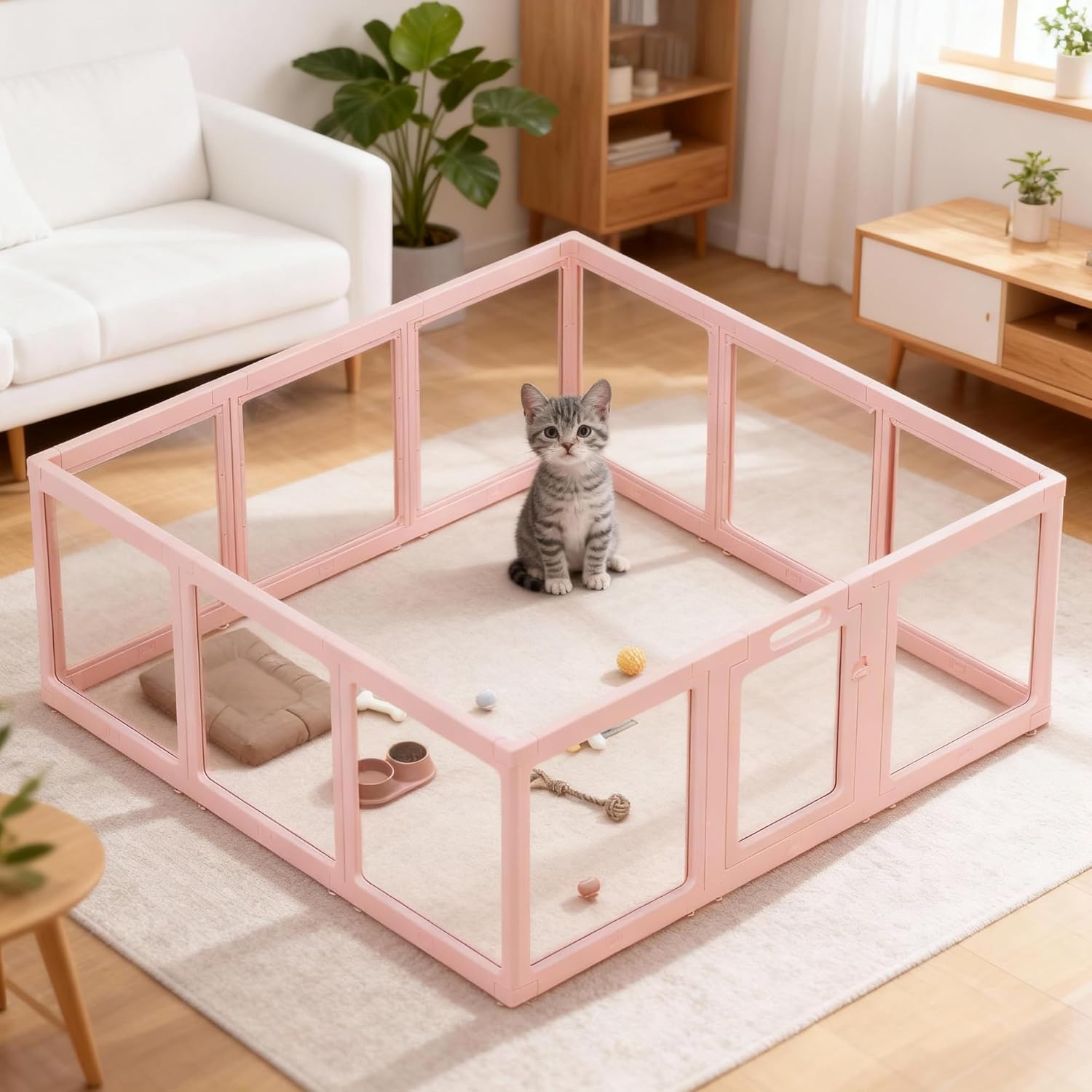 WICHEMI Acrylic Clear Dog Playpen Indoor, 23.6" H Transparent Pet Pen with Door for Puppy Cat Rabbit Ferret with Suction Cup, Pink 12PCS
