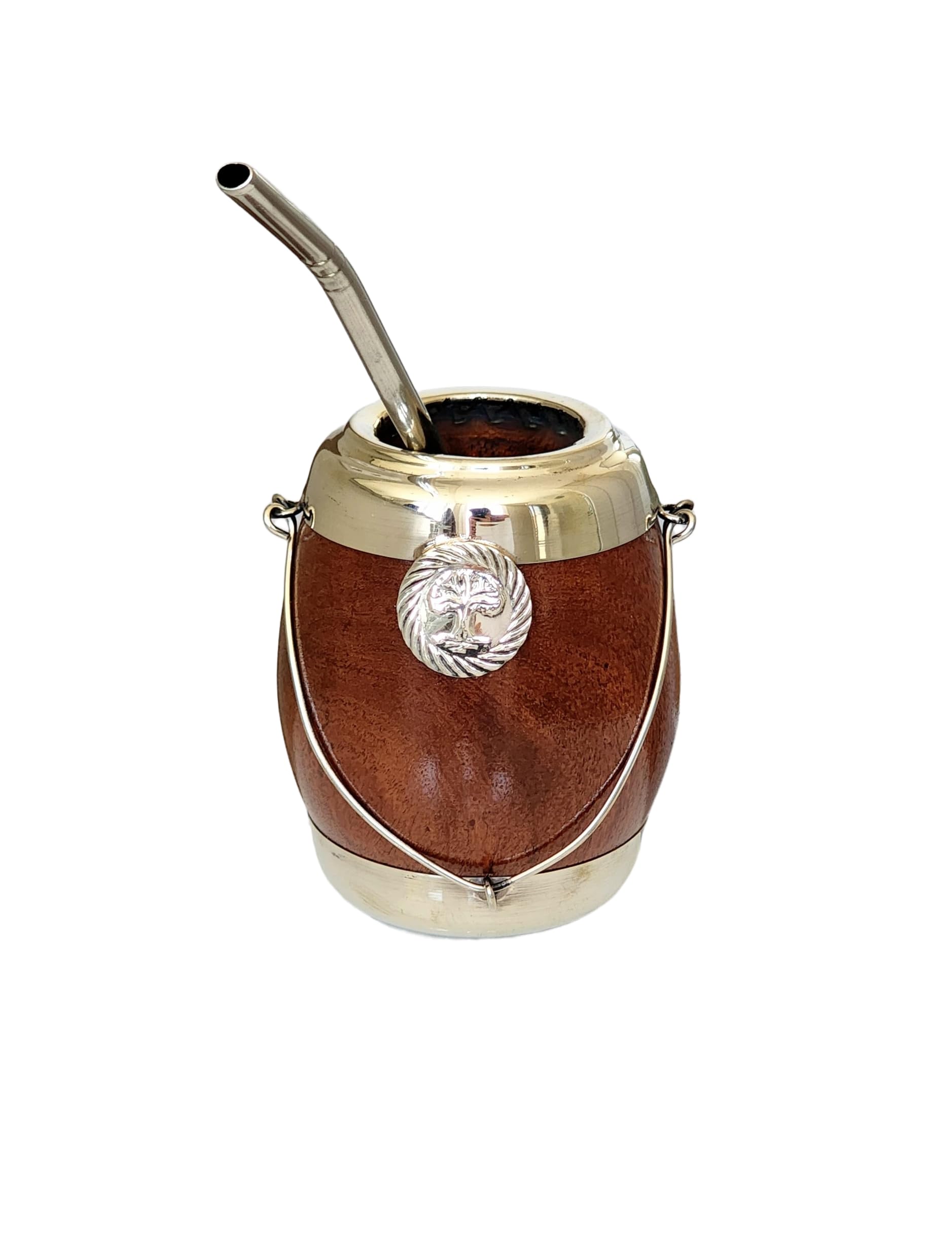 Taza Mate Madera Caldén Argentino, Mate Hecho de Madera de Caldén con Rebubrimiento de Alpaca (Plata Alemana), Diseño Árbol de la Vida.