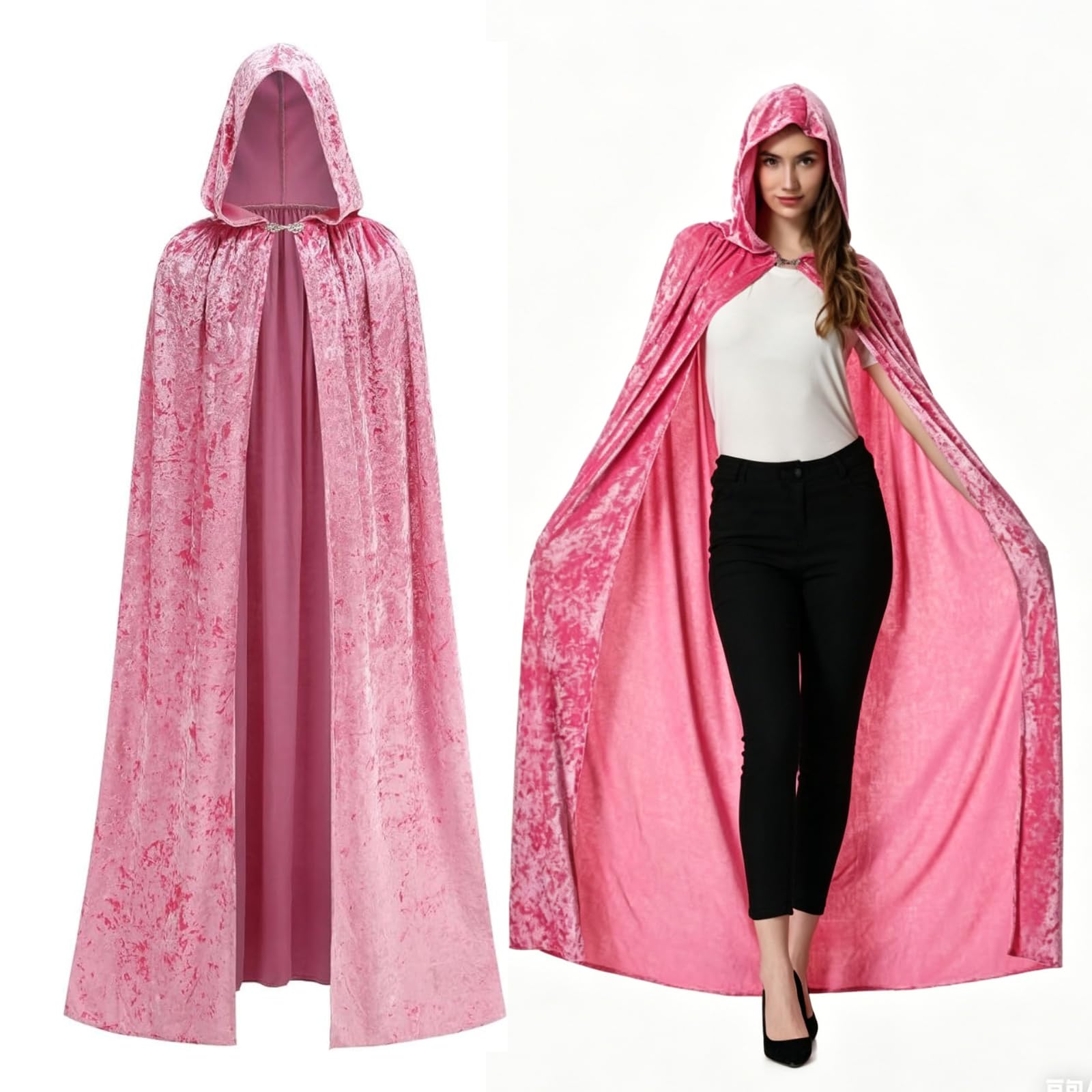 maxToonrain Adult Diamond Velvet Cape Medieval Shiny Hooded Cloak Suit For Halloween and Christmas Dress Up（Pink，140CM/55''）