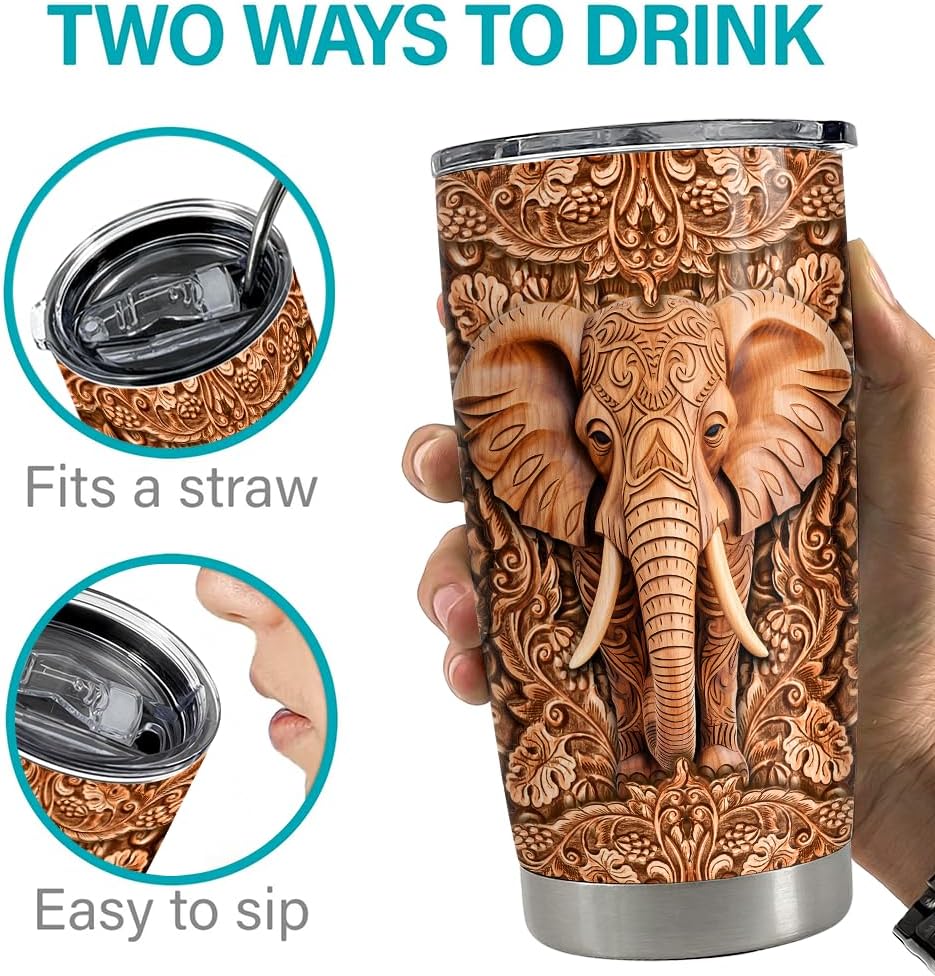 SANDJEST Elephant Tumbler 20oz Elephants Wood Drawing Stainless Steel Insulated Tumblers Coffee Travel Mug Cup Gifts for Women Men Elephant Gift for Birthday Christmas - Image 7