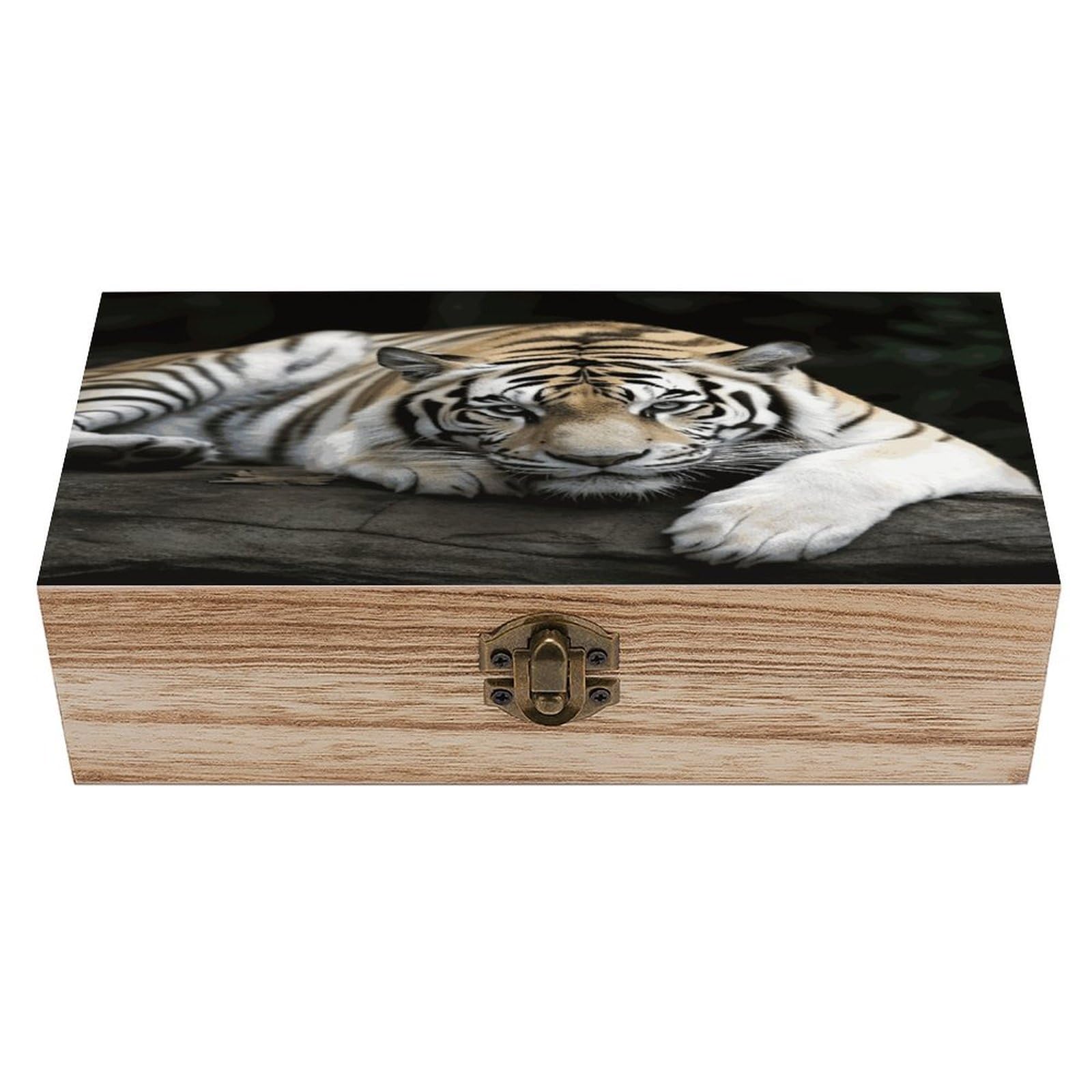 VstaDank Tiger Lie On Rock Wooden Storage Box Wooden Keepsake Box with A Hinged Lid Fashion Memory Treasure Boxes Decorative Jewelry Case for Crafts Photo Home Decor Wood Gift Box