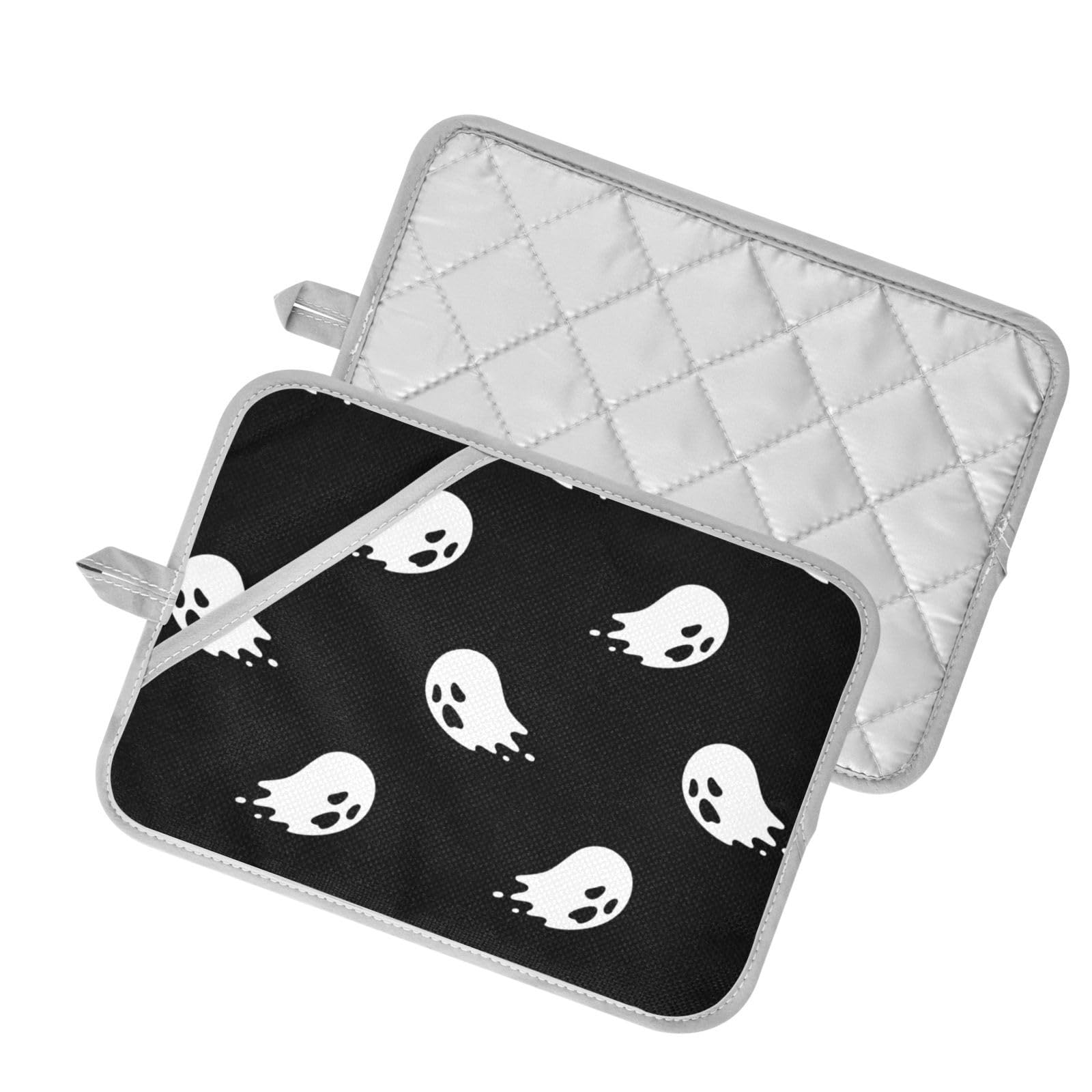 Aflyko Halloween Potholder Doodle Spooky Ghost Oven Hot Pad with Hand Pocket Pot Holder Set 2 Pack Oven Mitt with Hanging Loop Kitchen Countertop Trivet Baking, Cooking, BBQ