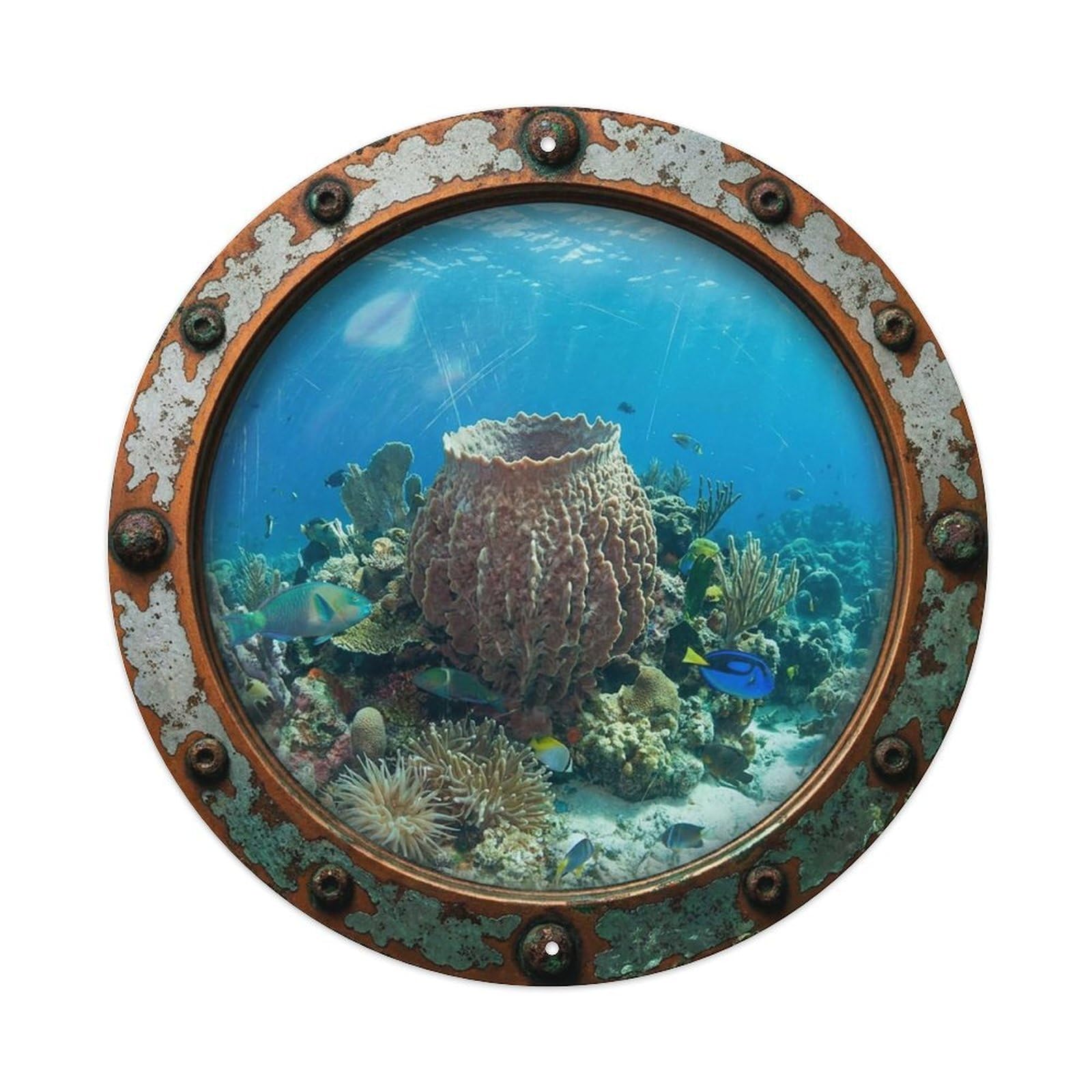 Vintage Porthole Vase Sponge Nautical Window View Metal Tin Sign
