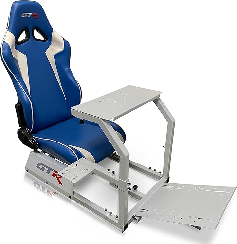 GTR Simulator GTA-S-S105LBLWHT- GTA Marco plateado con asiento real de carreras azulblanco silla simulador de conducción para juegos con palanca de