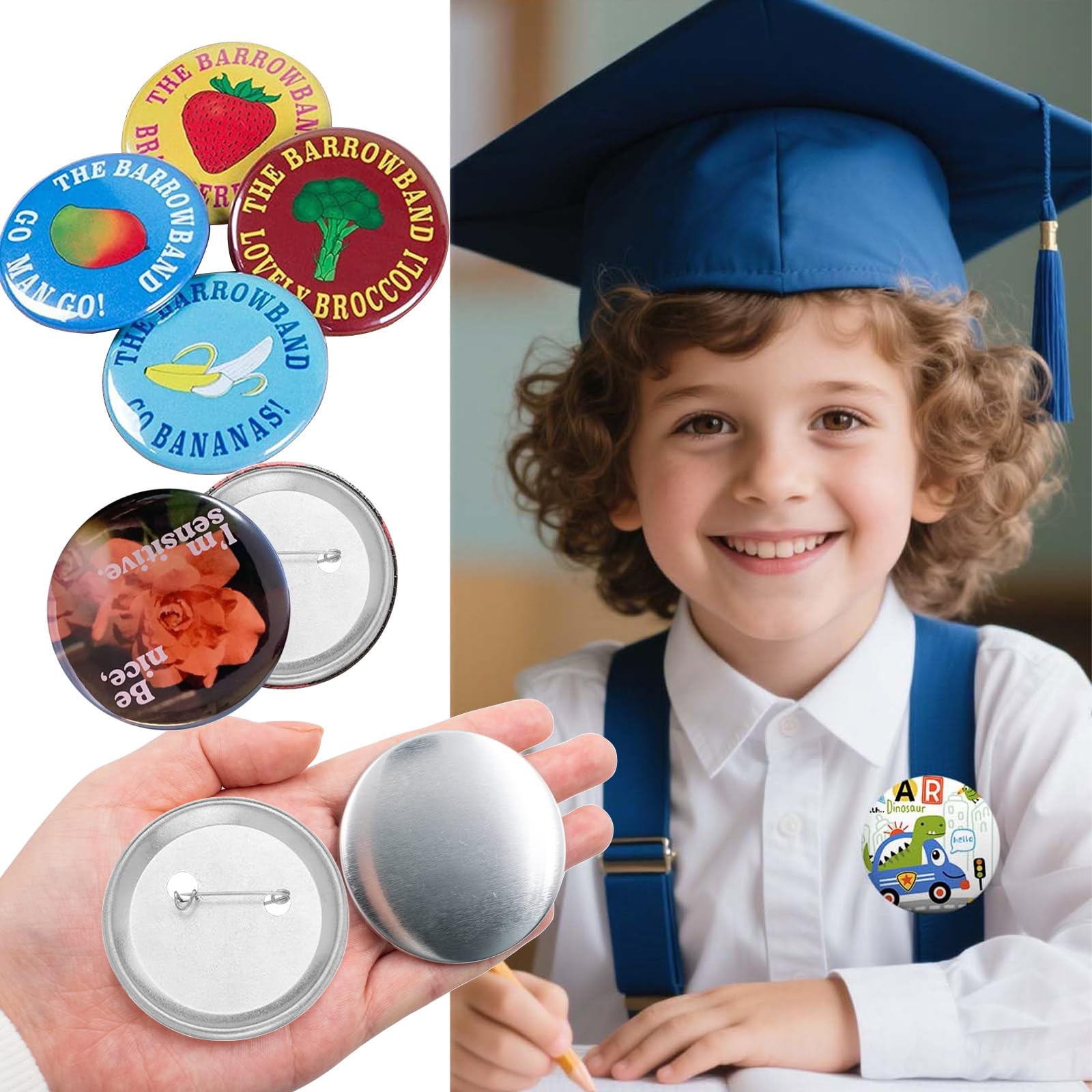 100 pezzi Kit Badge per Button Making Machine, Spille Fai da Te, Spilli Distintivi, per Button Artigianato Fai da Te Tra Cui Coperture in Metallo e Pellicola Trasparente - Fondo di ferro