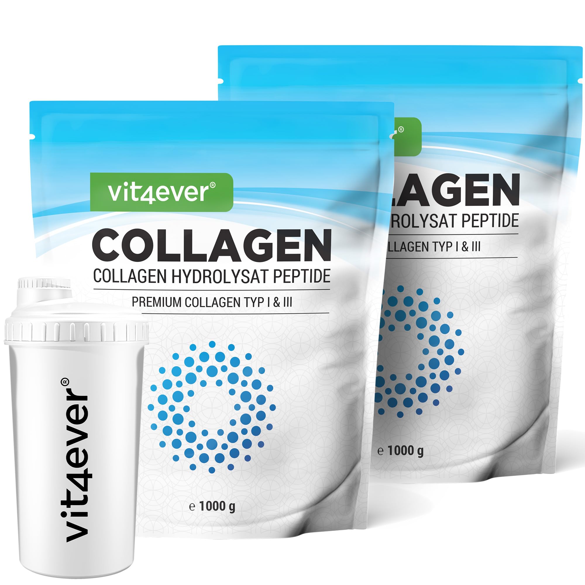 vit4ever Collagen Pulver 2000 g + Shaker - Kollagen Typ 1 & 3 | bioaktives Kollagen Hydrolysat Peptide, geschmacksneutral, Laborgeprüft
