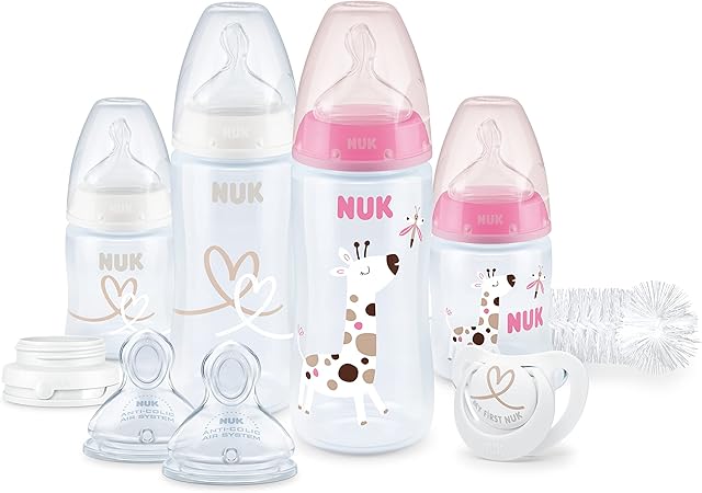 NUK First Choice+ Perfect Start zestaw butelek dla niemowląt, pierwsze wyposażenie z 4 butelkami dla niemowląt, szczotką do butelek i innymi, z regulacją temperatury, antykoliczne, nie zawiera BPA,