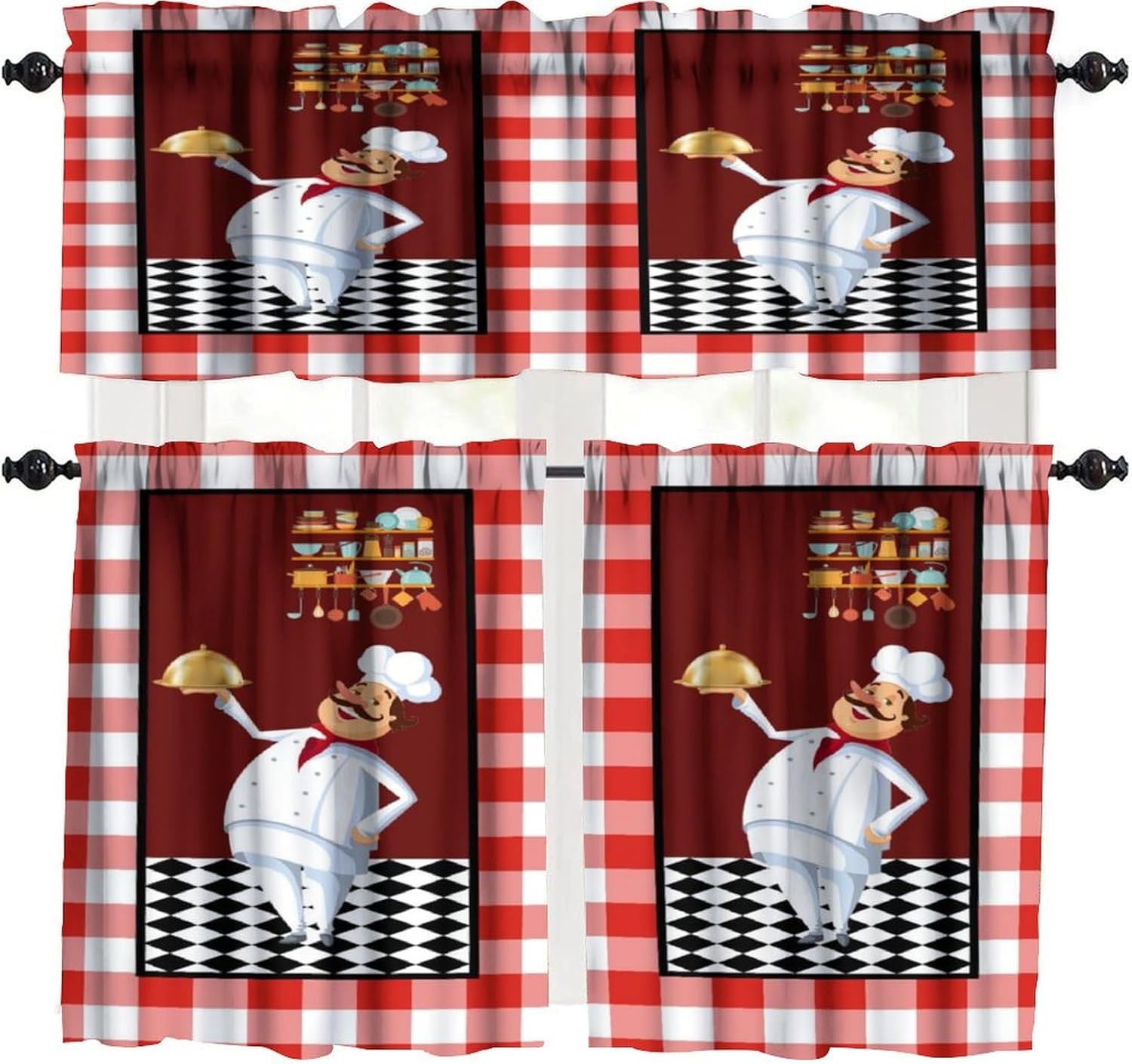 Chef Window Curtain Valances,Fat Chef Cook Theme Vintage Red and White Buffalo Check Printed Small Window Treatments for Kitchen Living Room Decor Rod Pocket Valances 54x18 & 27x36x2, 3 Panel