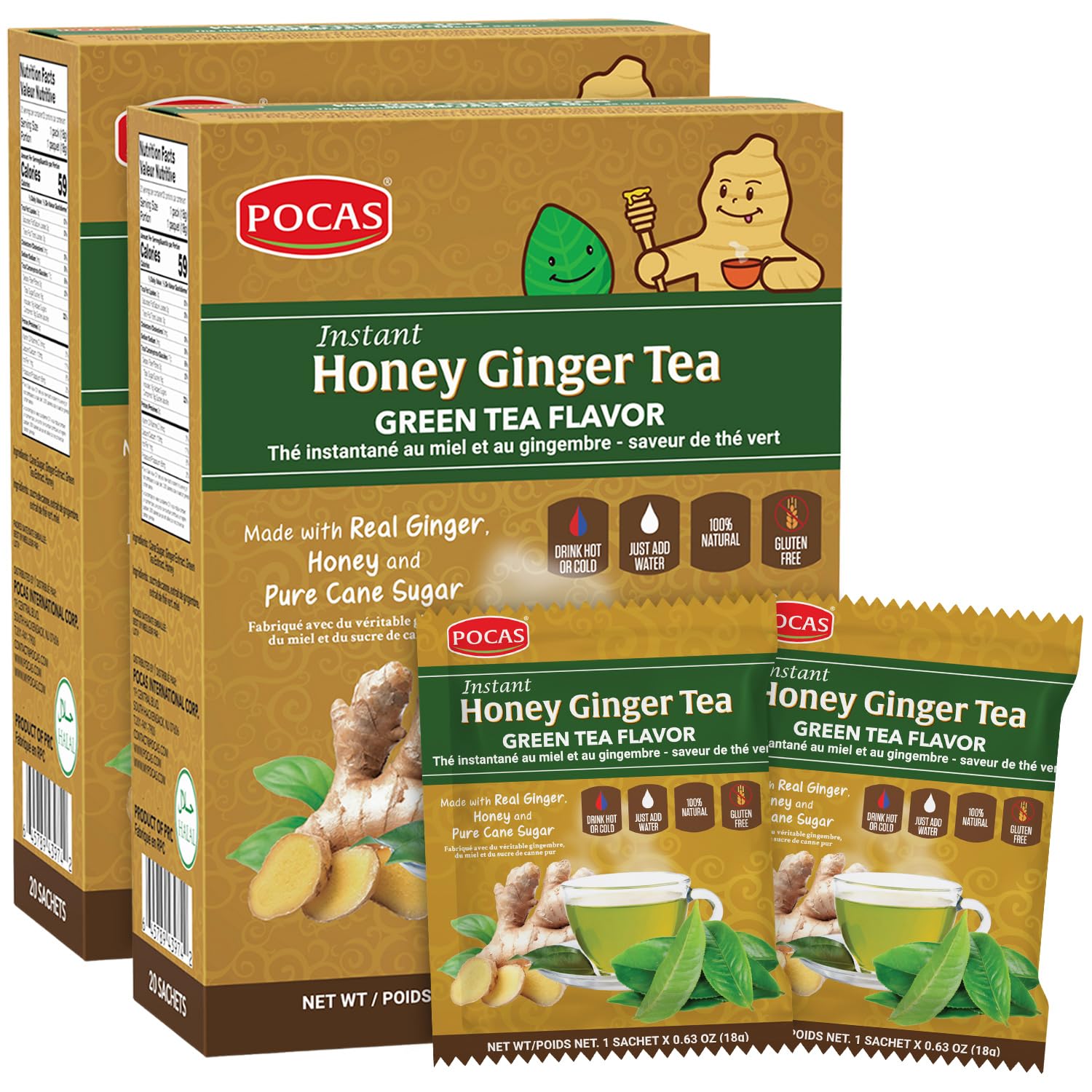 Honey Ginger Instant Tea Powder, Green Tea Flavor 2-Pack, Real Ginger Extract & Honey, 20 Packets per Box