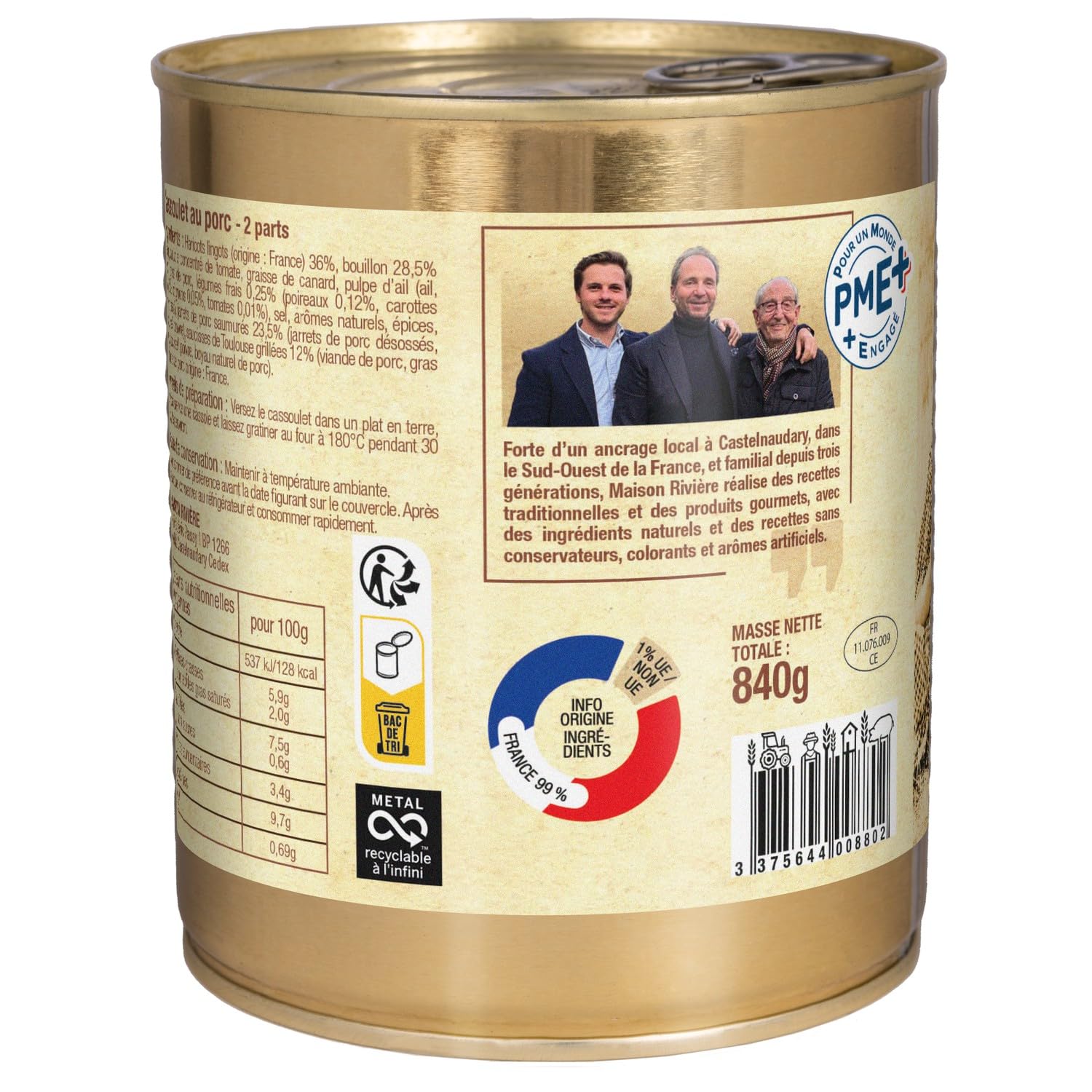 MAISON RIVIERE Cassoulet Toulousain au Porc 840g — Plat Cuisiné aux Haricots Lingots et Viandes Origine France - Lot de 3