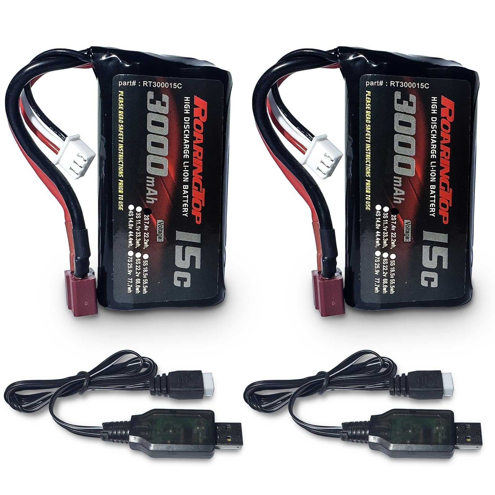 RoaringTop Li-ion Battery 7,4V 3000mAh with T Plug Rechargeable Battery for RC Cars High Speed 4WD and Most RC Cars Trucks Scale 1/10, 1/12, 1/16, with 2 USB Chargers