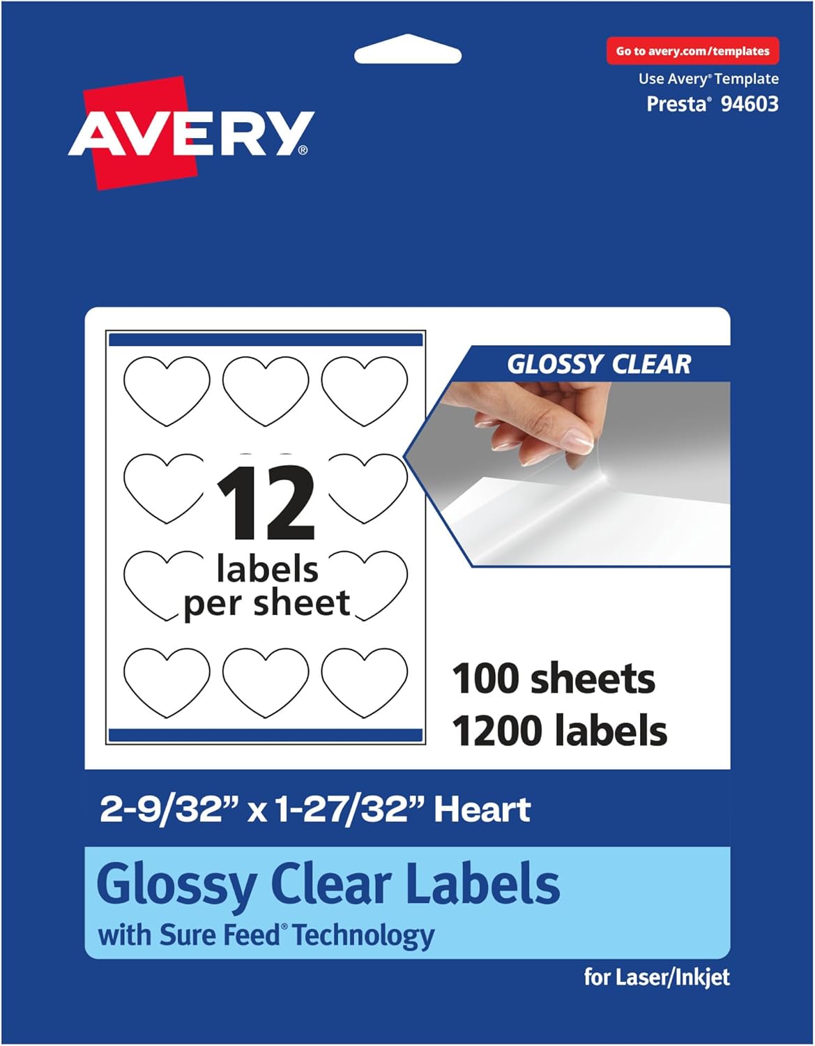 Avery Glossy Clear Heart Labels, Sure Feed Technology, 2-9/32" x 1-27/32", 600 Glossy Clear Labels, Print-to-The-Edge, Laser/Inkjet Printable