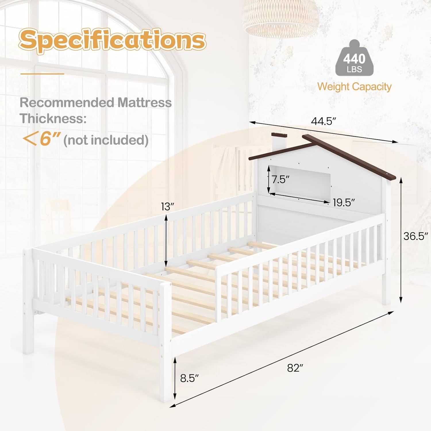KOMFOTT Twin Bed Frame with Rails & House Shaped Headboard, Solid Wood Platform Bed with Safety Guardrails, Storage Cube & Under-Bed Storage, No Box Spring Needed, Twin Bed with Rails (White)