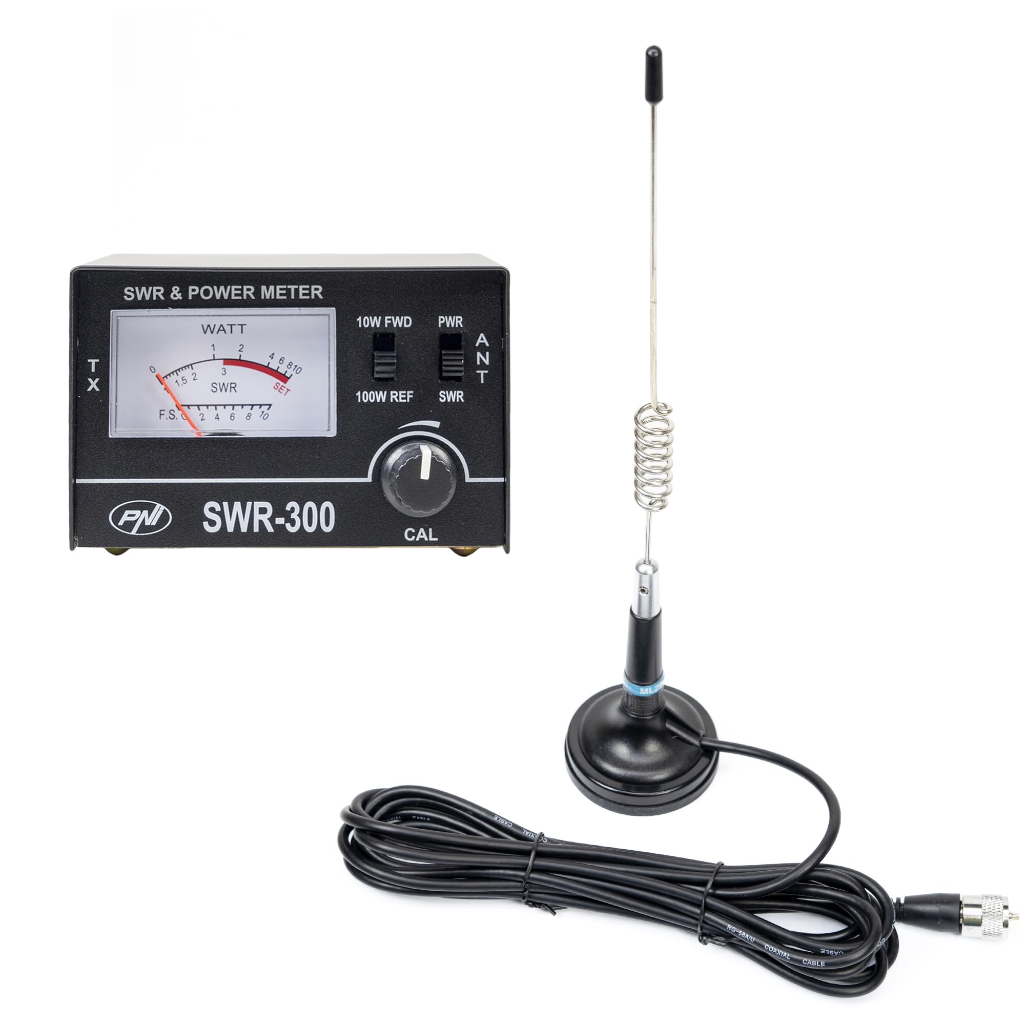 PNI Antenne CB ML29 34 cm, Aimant 70 mm, et réflectomètre PNI SWR-300 pour Mesure SWR, Noir