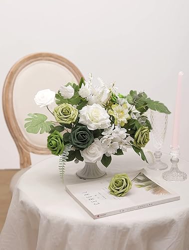 Miniatura 6 de YYHUAWU Caja Combo de Flores Artificiales Color Verde Bosque Rosas Falsas de Espuma con Tallos para Ramos de Boda DIY Centros de Mesa Baby Shower
