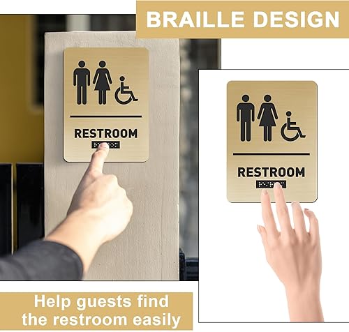 Miniatura 6 de Letrero de baño unisex con texto en inglés "All Gender Bath" y "Handicap" Braille para baño, compatible con silla de ruedas, iconos elevados de