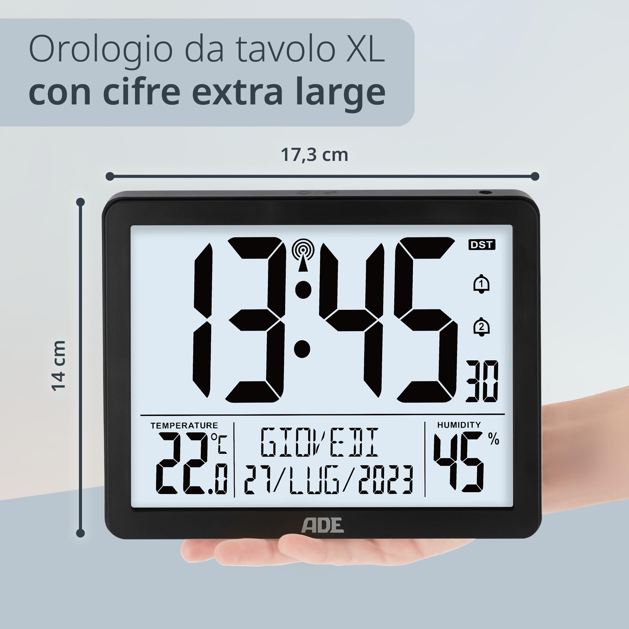 ADE Orologio digitale radiocontrollato con cifre molto grandi | Orologio da tavolo o parete con 2 orari di sveglia e illuminazione | Termometro Igrometro | Cornice stretta in nero opaco