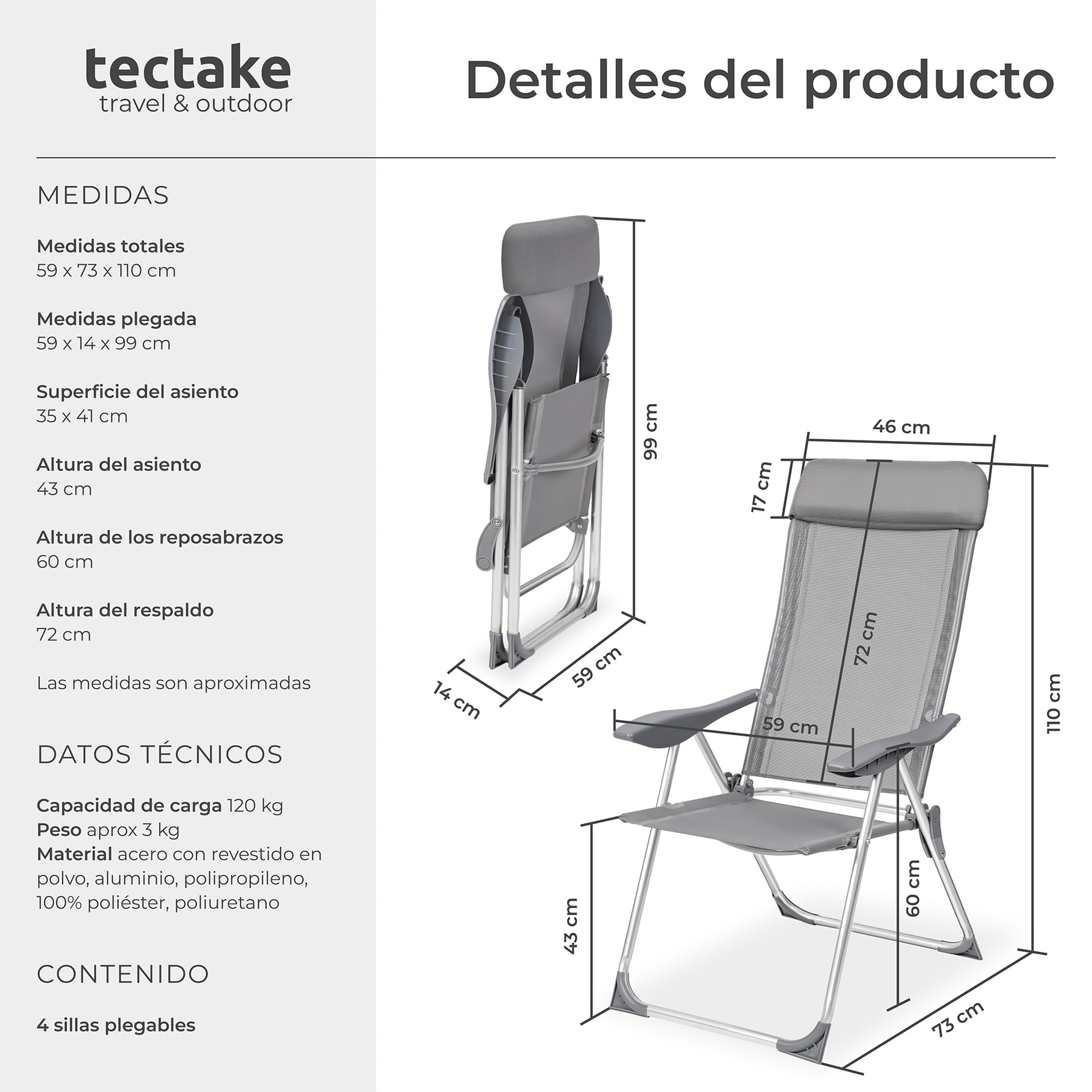 tectake® Conjunto Sillas Jardín Exterior de Aluminio, Respaldo Regulable y Reposacabezas, Conjunto Sillas Terraza Resistentes a Intemperie, Transpirable, Patas Reforzadas - 4 Sillas Gris