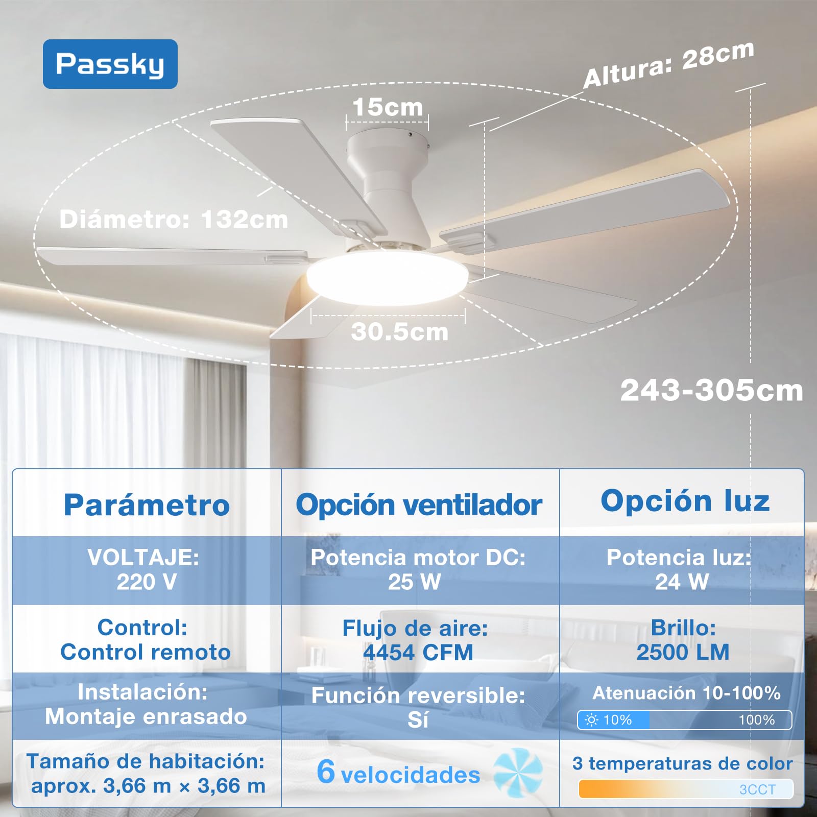 Passky Ventilador de Techo con Luz LED Mando 132cm Silencioso Blanco | 5 Aspas Doble Face Temporizador Motor DC 3 Luces Regulables 6 Velocidades Reversible Verano Invierno Int/Ext Salón Dormitorio