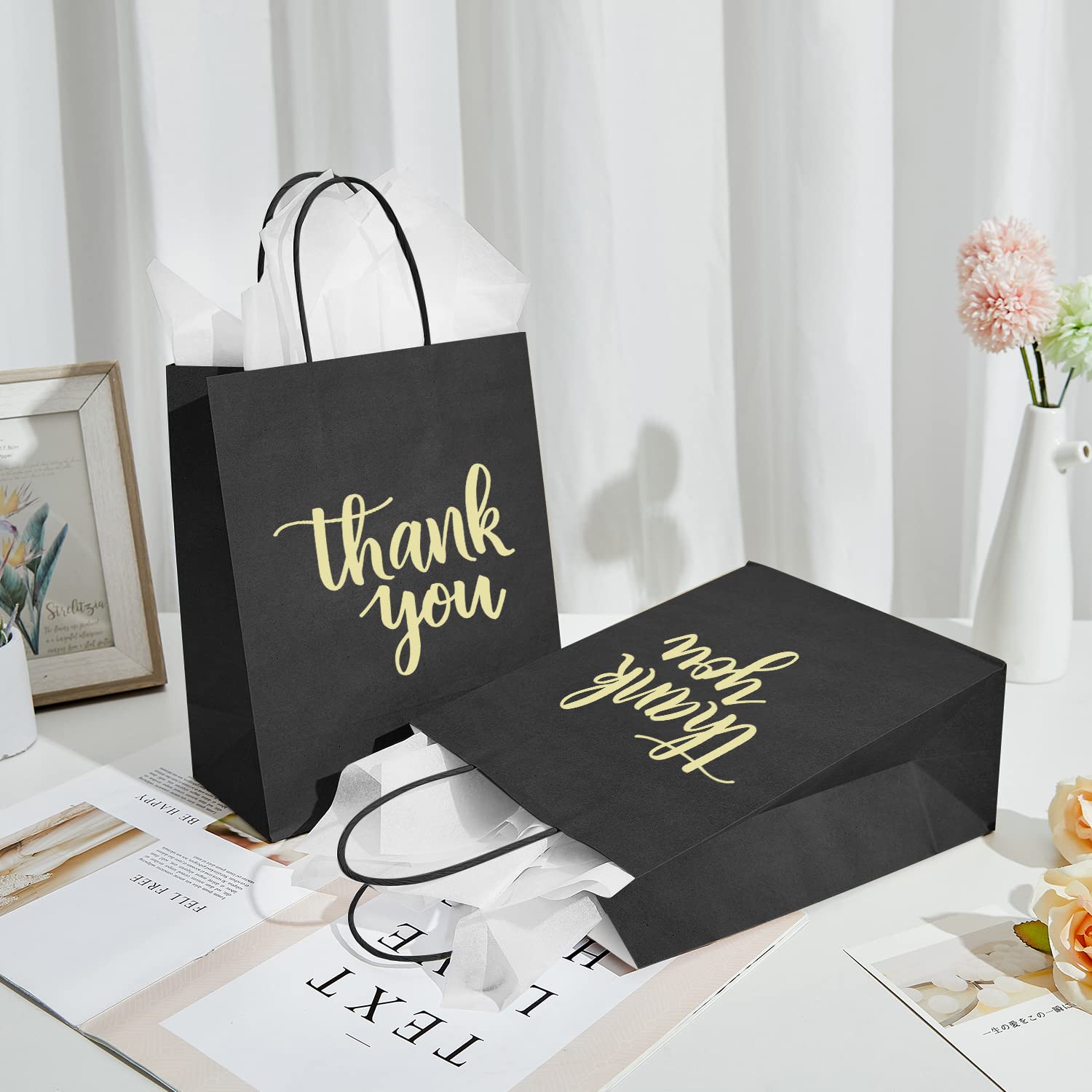 DjinnGlory 50 Pack Medium Black Thank You Paper Bags with Handles and 24 Sheet White Tissue Paper for Small Business, Shopping, Wedding, Baby Shower, Party Favors (Medium 10''x8''x4'', Black)