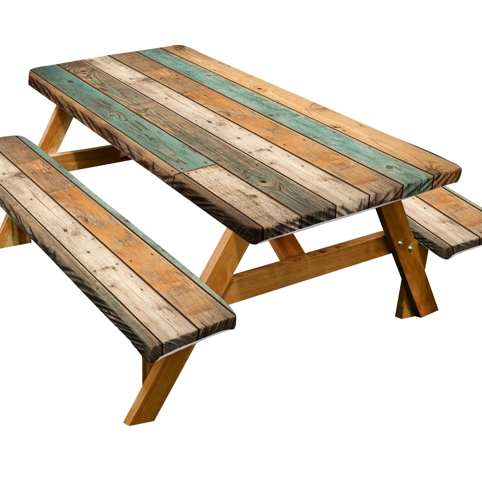Funda de mesa de picnic ajustada con fundas de banco, funda de mesa de picnic al aire libre, 3 piezas, 8 pies, impermeable, elástico en todo el contorno, imitación de grano de madera, para picnic al