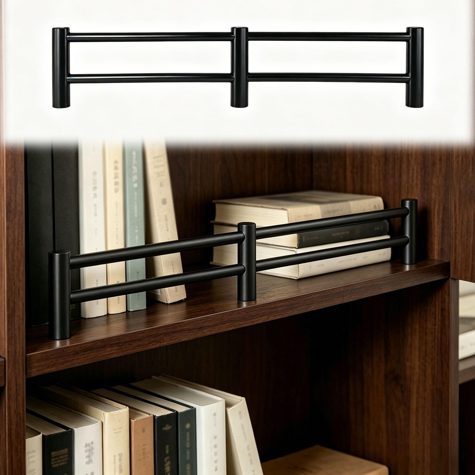 Modern Metal Shelf Fence Barrier, 304 Stainless Steel Railing System for Bookshelf, Cabinet Decorative Guardrail Bar Easy to Install(Black,24in/61cm)